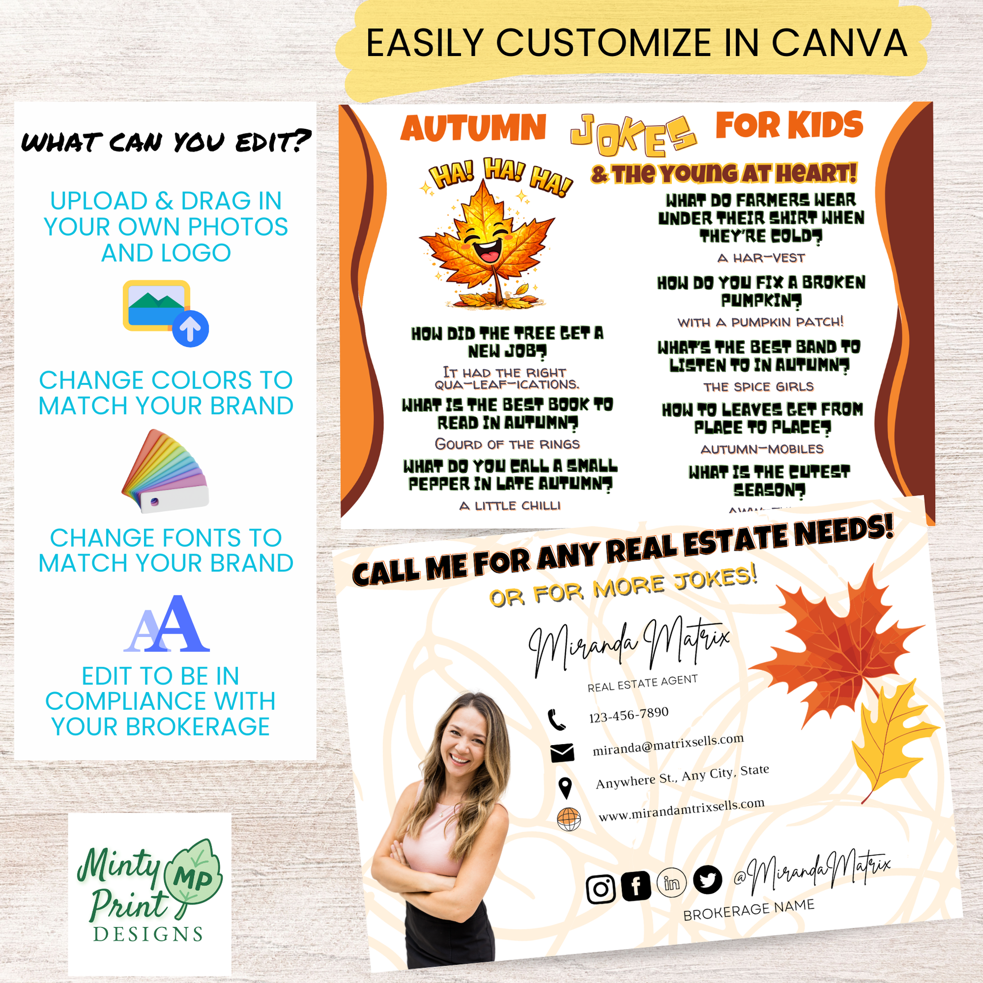Realtor autumn joke postcard Canva editable digital download