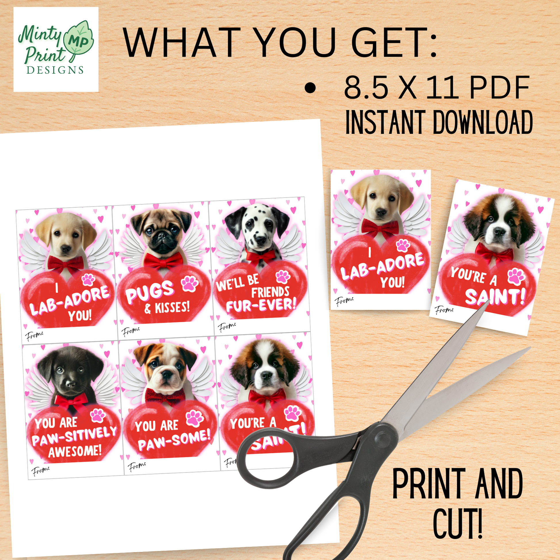  Printable Valentines sheet for classroom exchange — cute dog theme