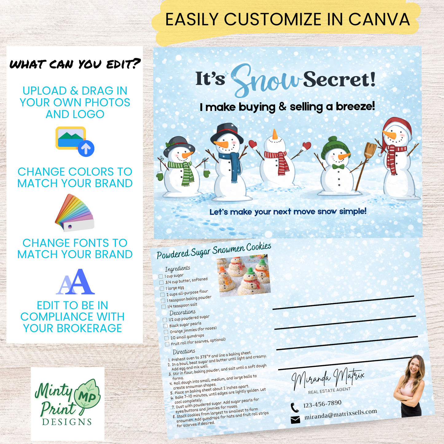 Editable winter postcard template with snowman design and cookie recipe
