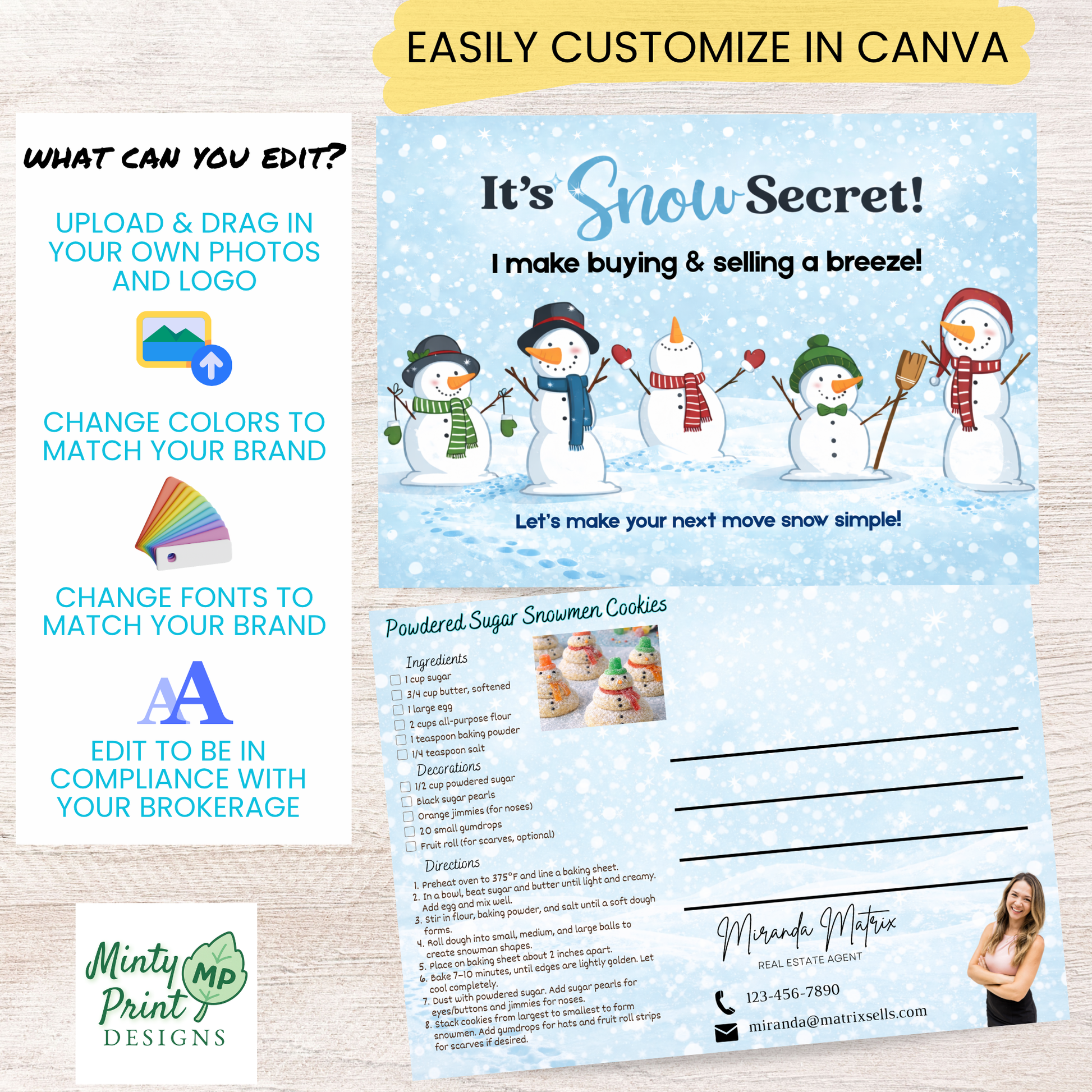 Editable winter postcard template with snowman design and cookie recipe