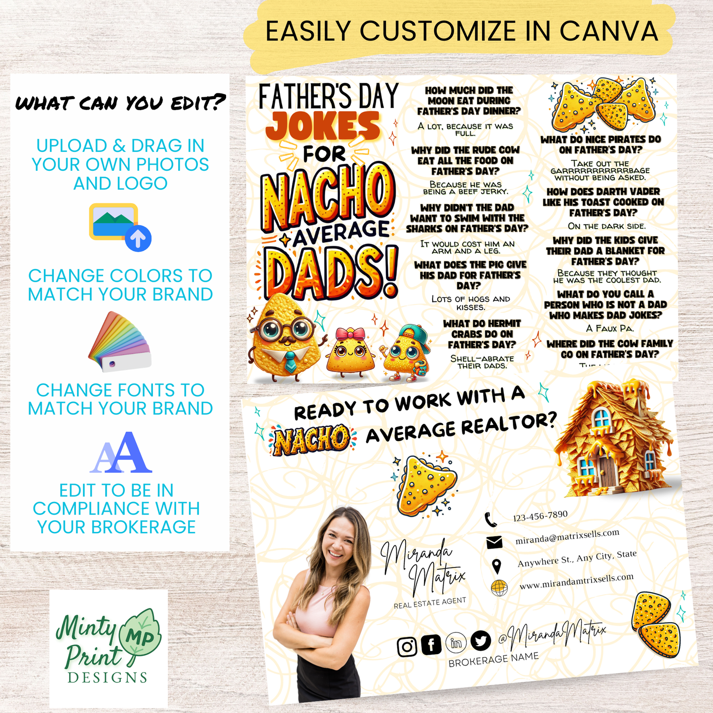 Funny Father’s Day postcard design featuring dad jokes and nacho graphics for real estate seasonal mailers.