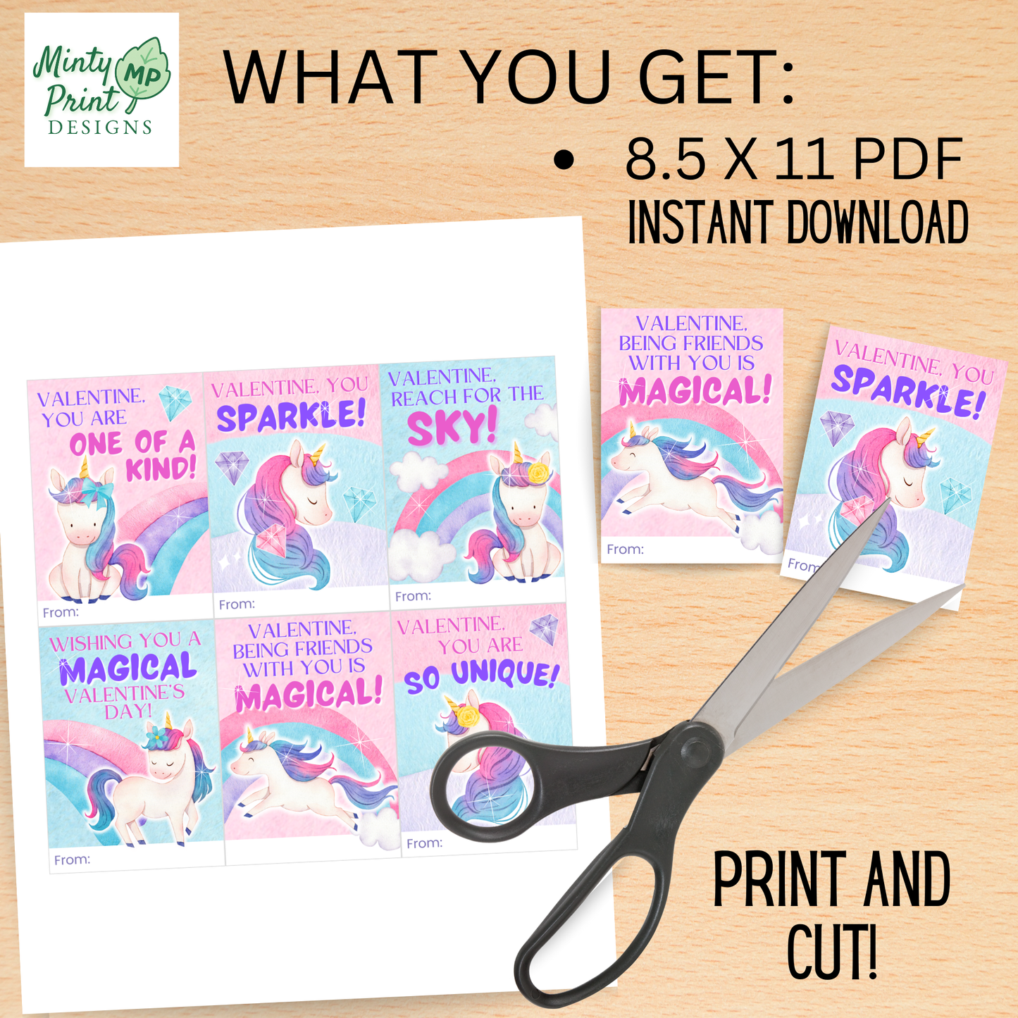 Unicorn Valentine card with pastel rainbow and sparkles that reads “Wishing You a Magical Valentine’s Day”