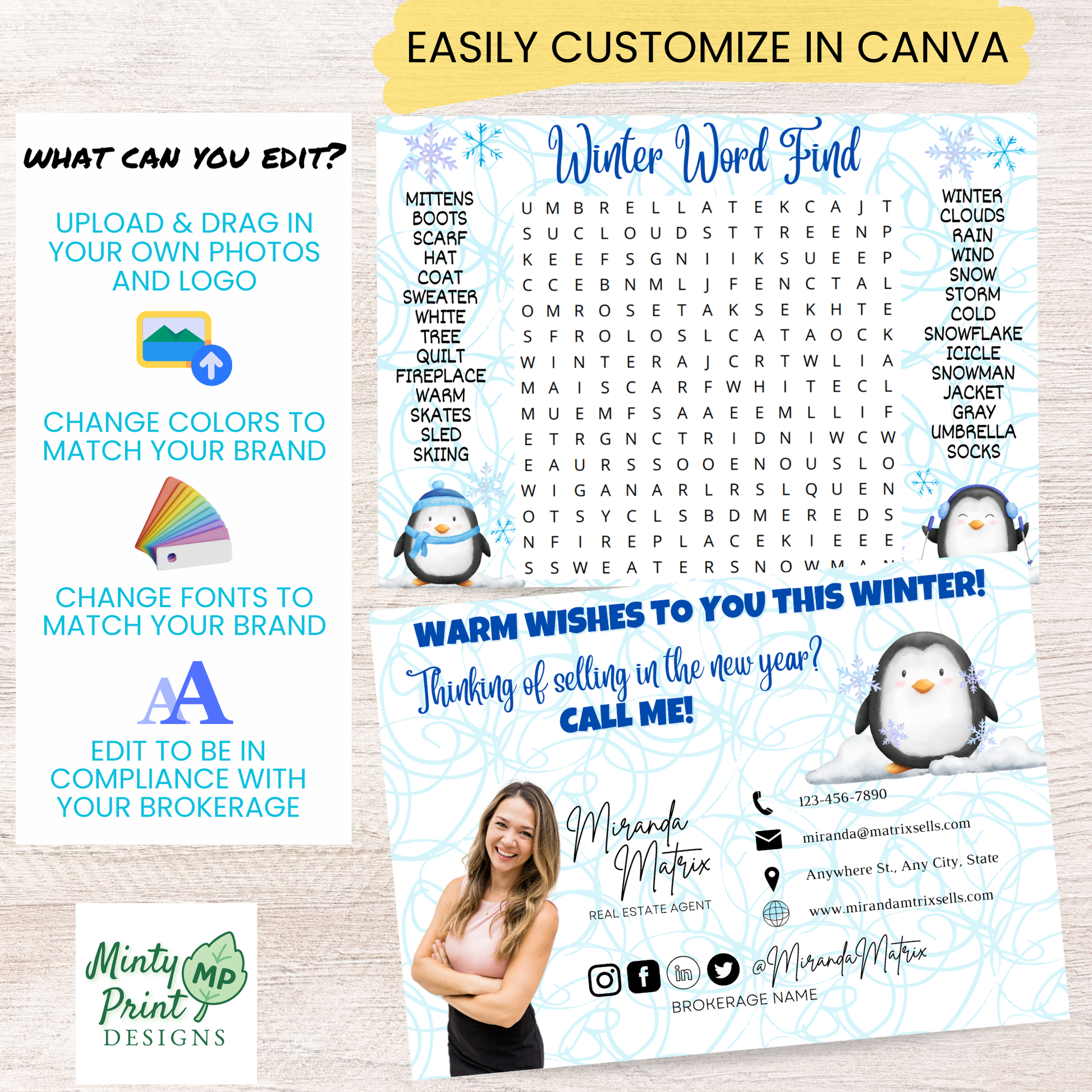 Winter postcard template with reverse side mailing options