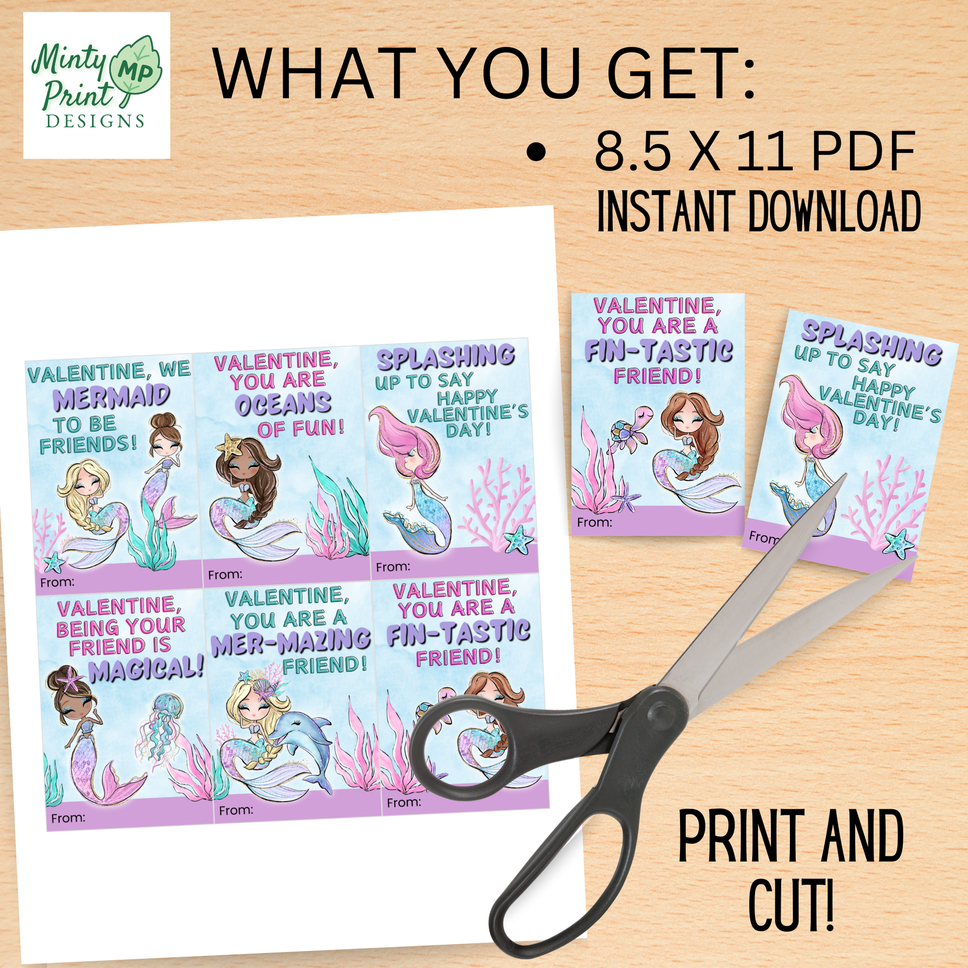 Mermaid Valentine printable PDF for kids with colorful ocean theme—great for girls’ school parties