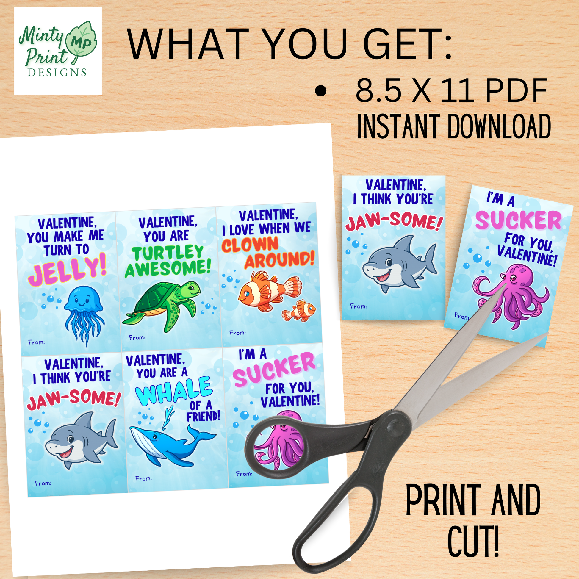 Cute sea animal classroom Valentine printables