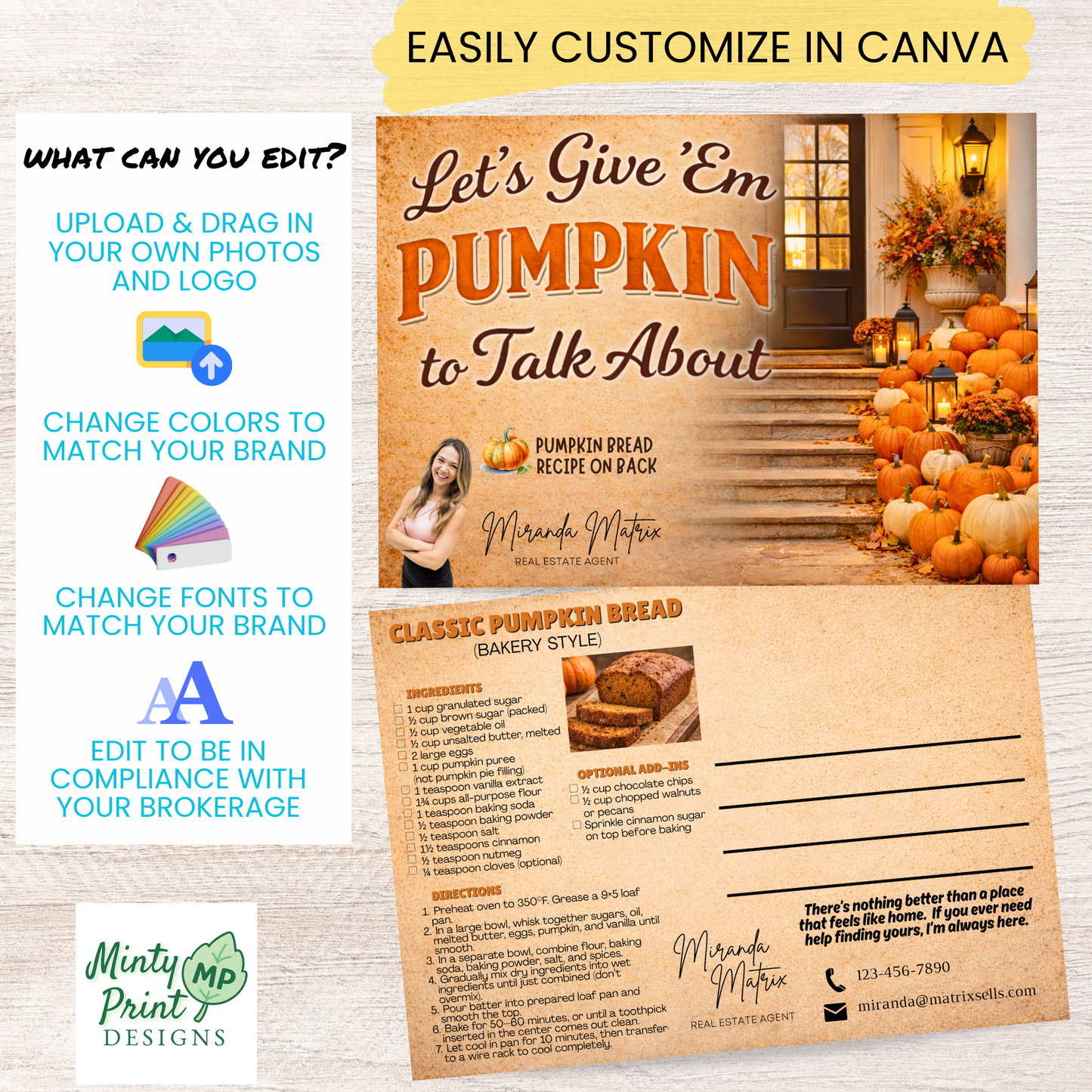 Pumpkin bread recipe card with ingredients and directions in vintage fall design