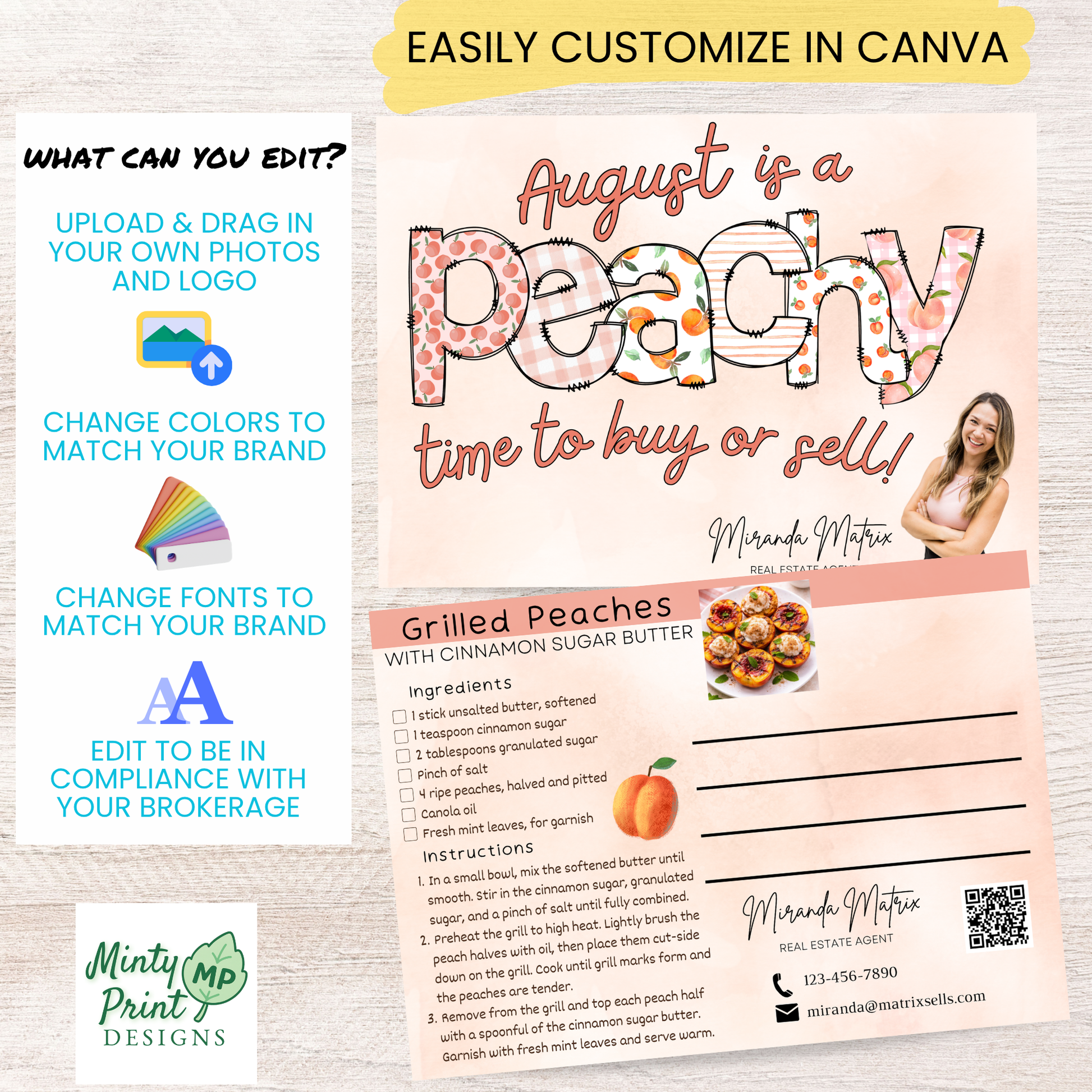 Summer real estate marketing postcard featuring peach design and grilled peaches recipe