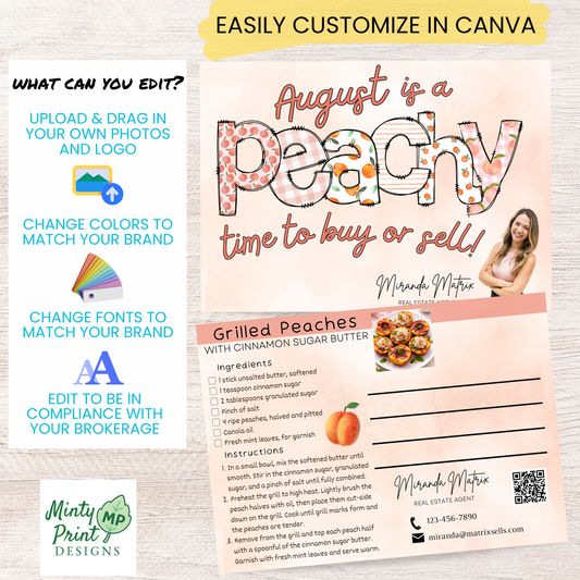 Summer real estate marketing postcard featuring peach design and grilled peaches recipe