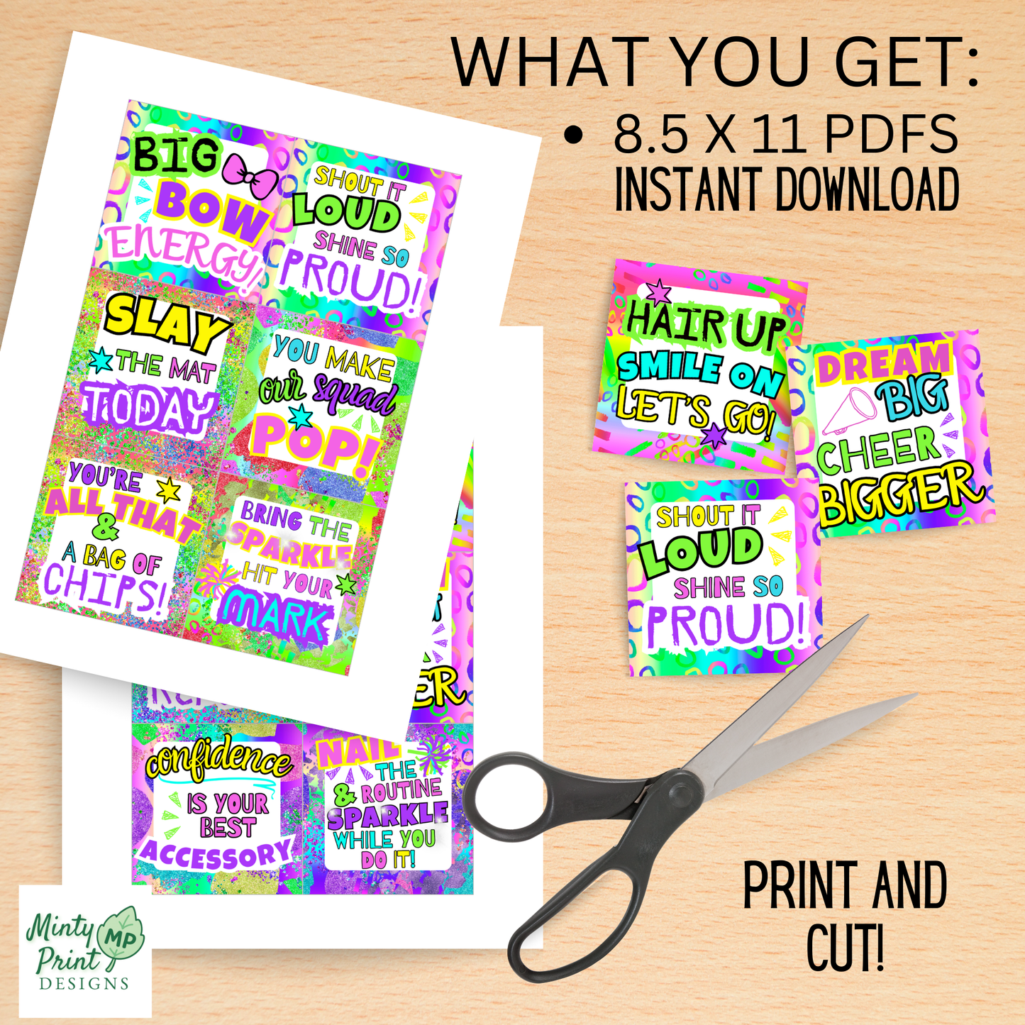 Printable cheer gift tag featuring fun cheer-themed wording with bright colors and playful lettering.