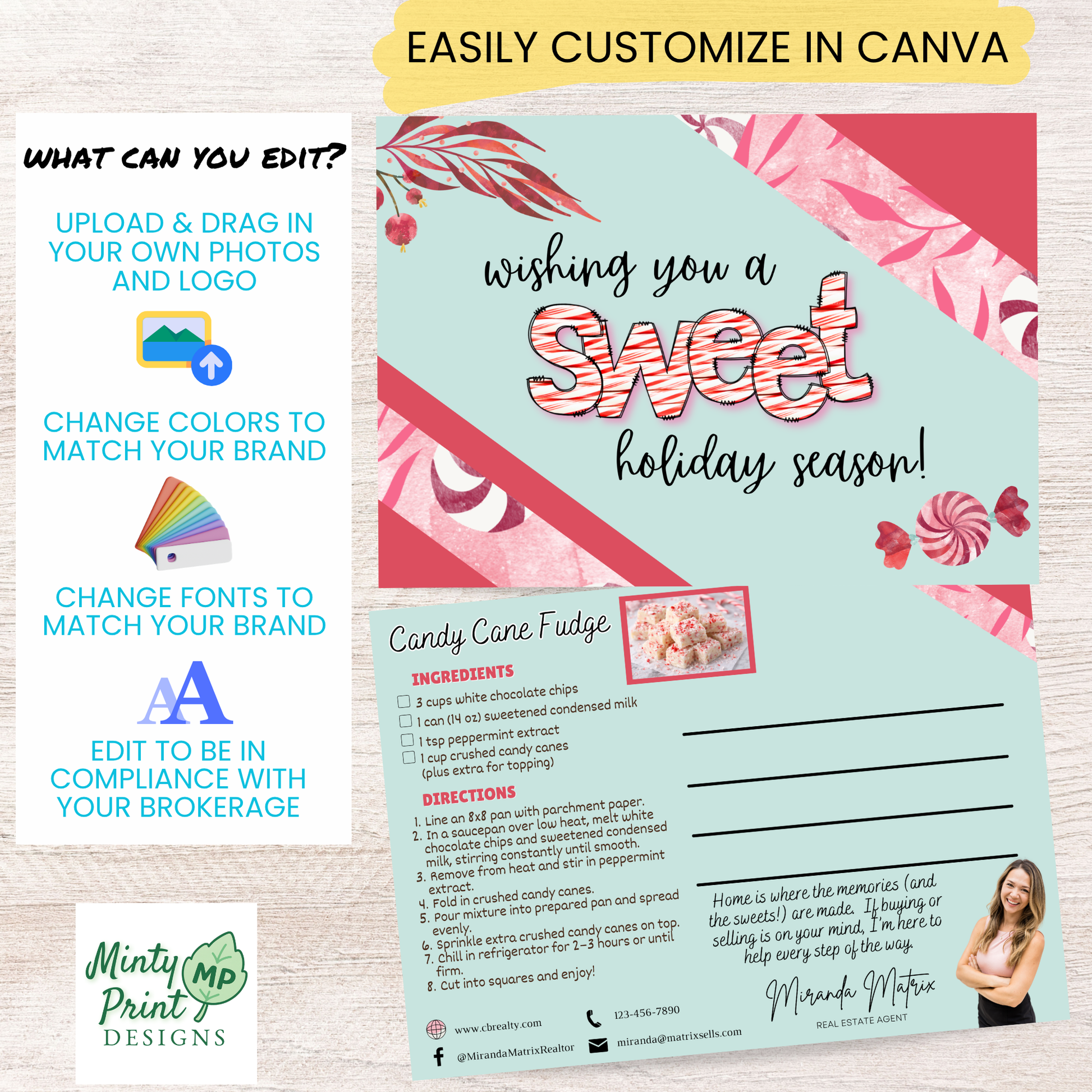 Editable holiday real estate mailer with candy cane fudge recipe and agent branding