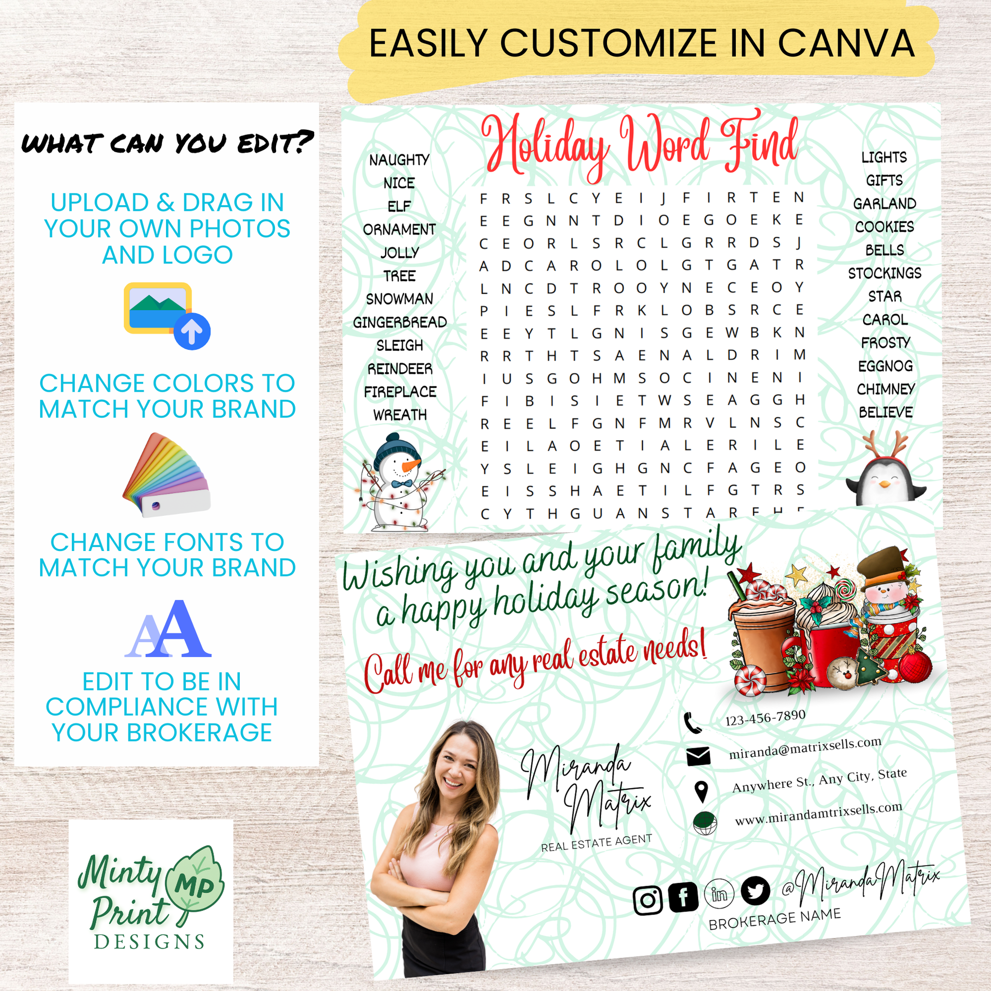 Christmas holiday postcard template with reverse side mailing options