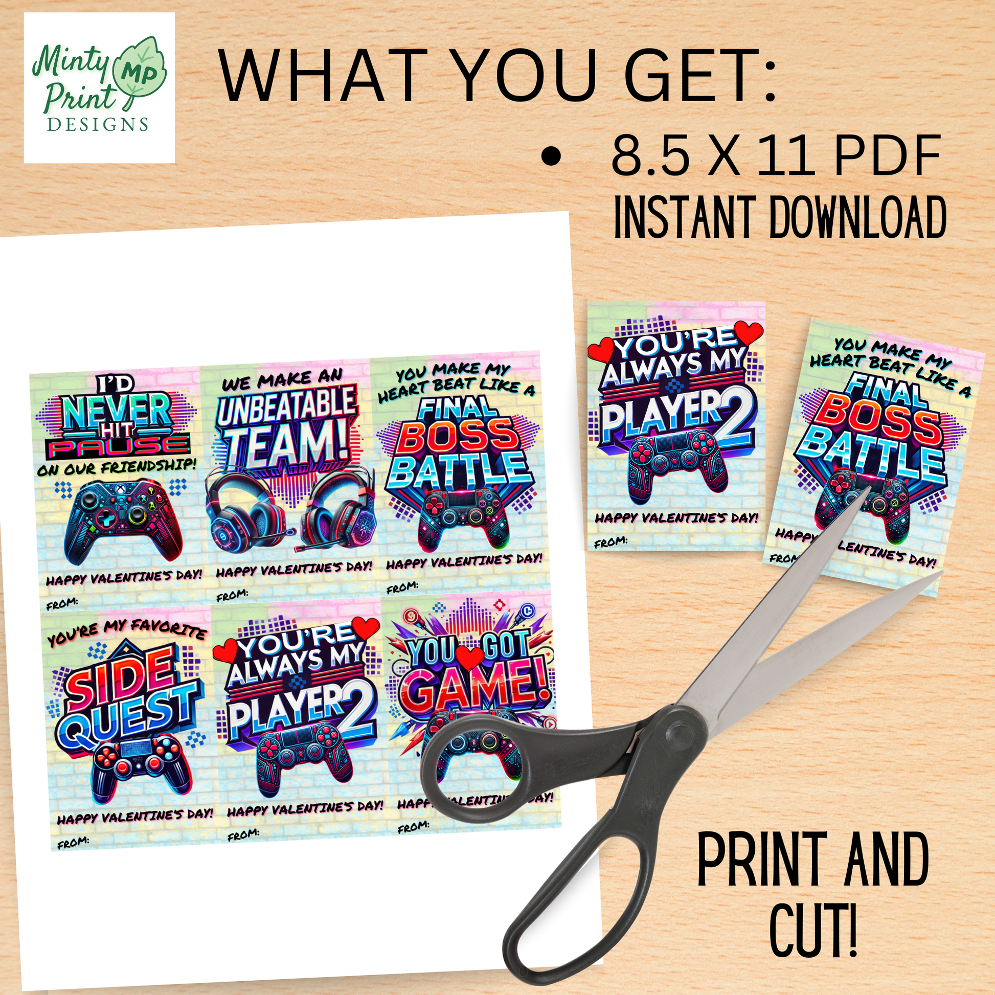 Digital gamer Valentine cards with video-game controller graphics in PlayStation-style and Xbox-style colors. Printable cards for kids who love gaming.