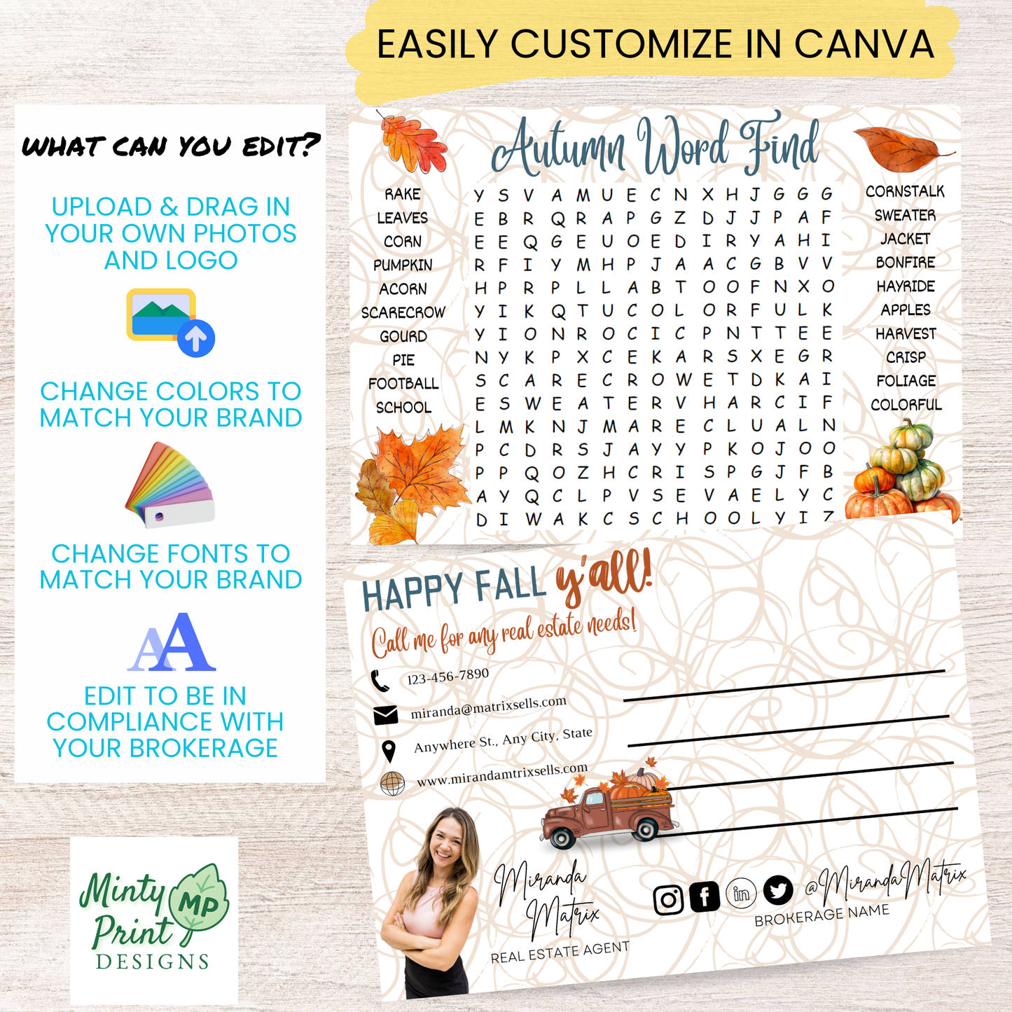 Autumn word search postcard editable Canva instant download