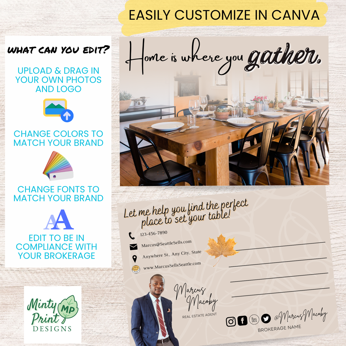 Editable Thanksgiving realtor mailing postcard with address lines, agent branding, autumn leaf and seasonal real estate message