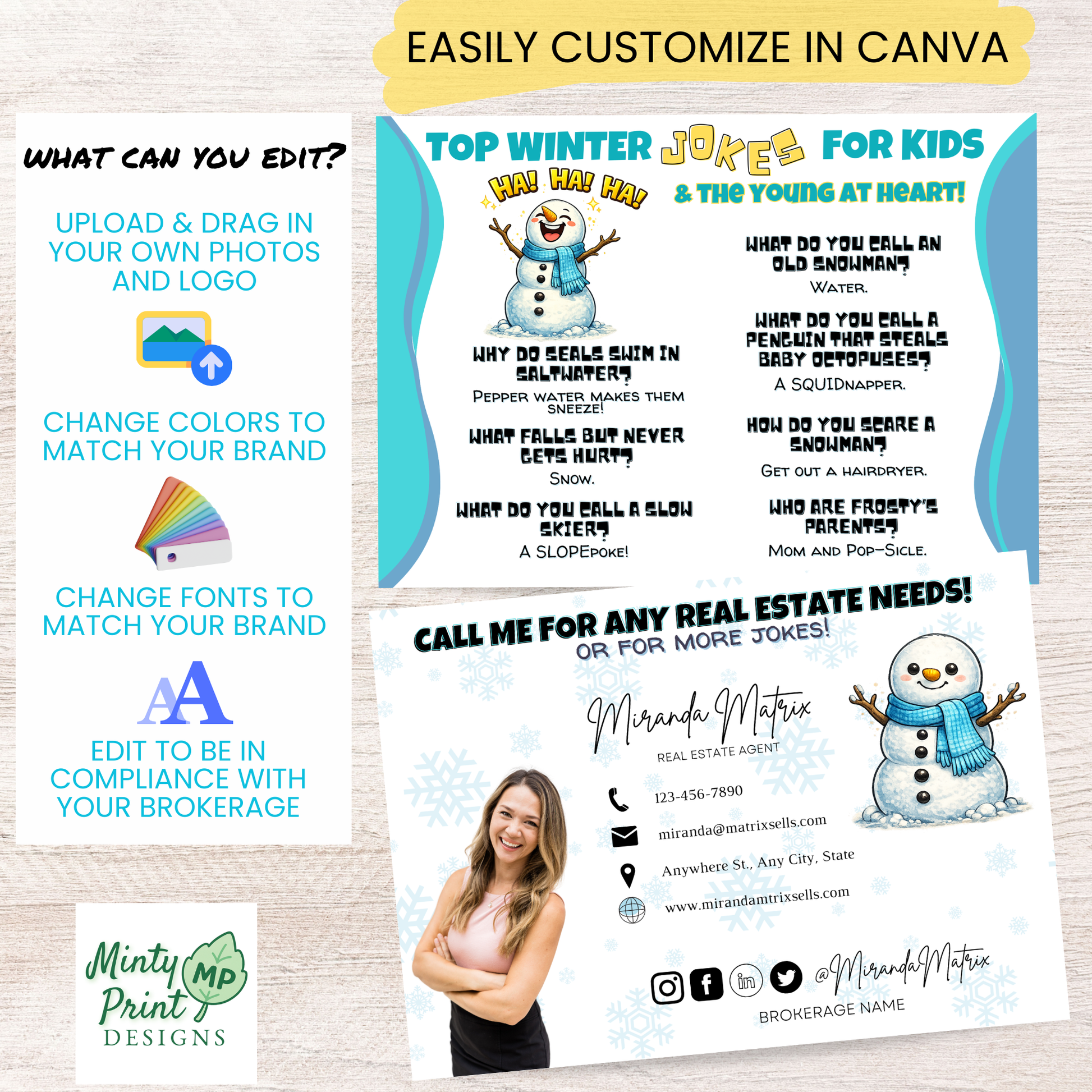 Realtor winter joke postcard Canva editable digital download