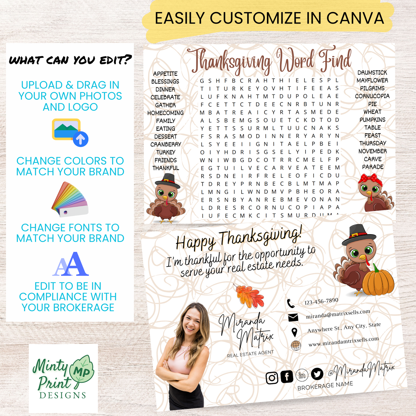 Thanksgiving postcard template with reverse side mailing options