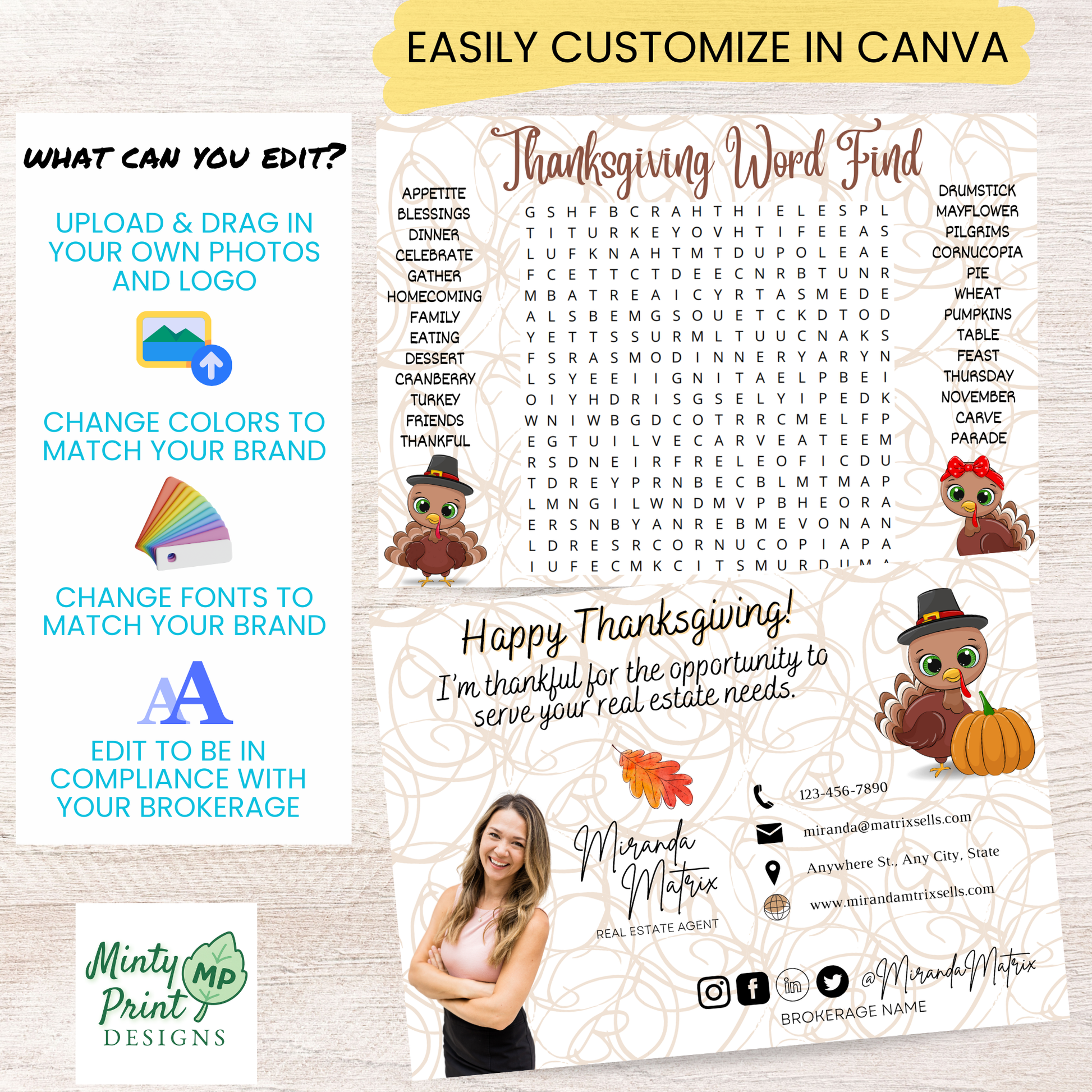 Thanksgiving postcard template with reverse side mailing options