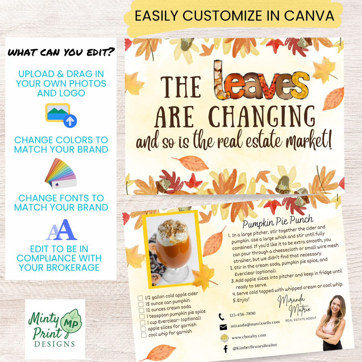 Autumn real estate mailer featuring Pumpkin Pie Punch recipe and realtor contact information