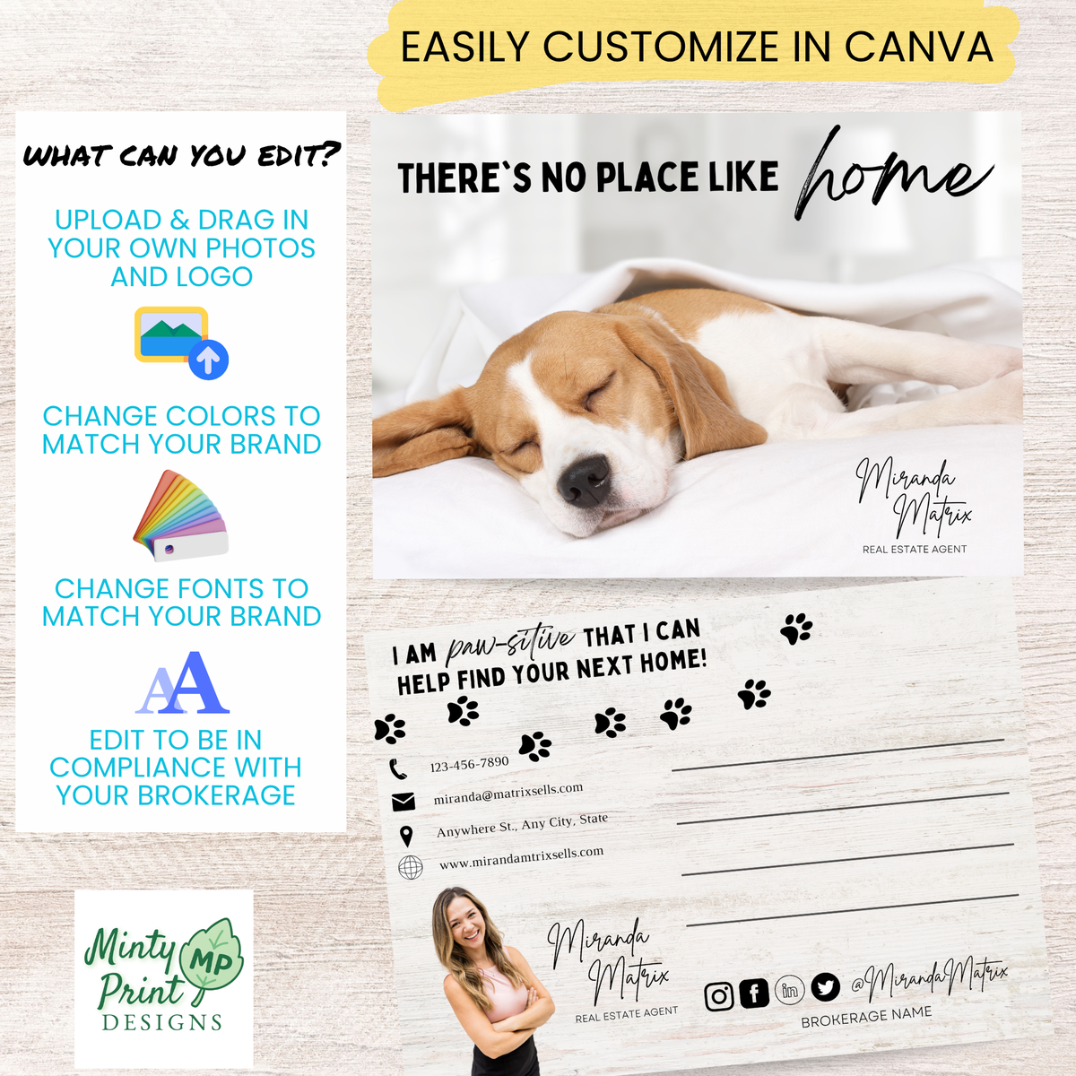 Season neutral realtor postcard template featuring cute sleeping puppy and home themed marketing message