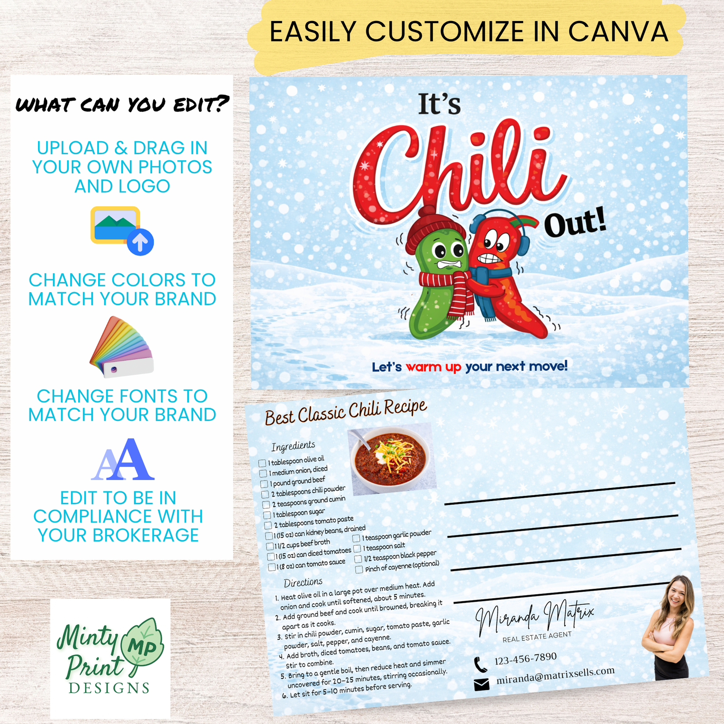 Classic chili recipe postcard for real estate marketing winter design