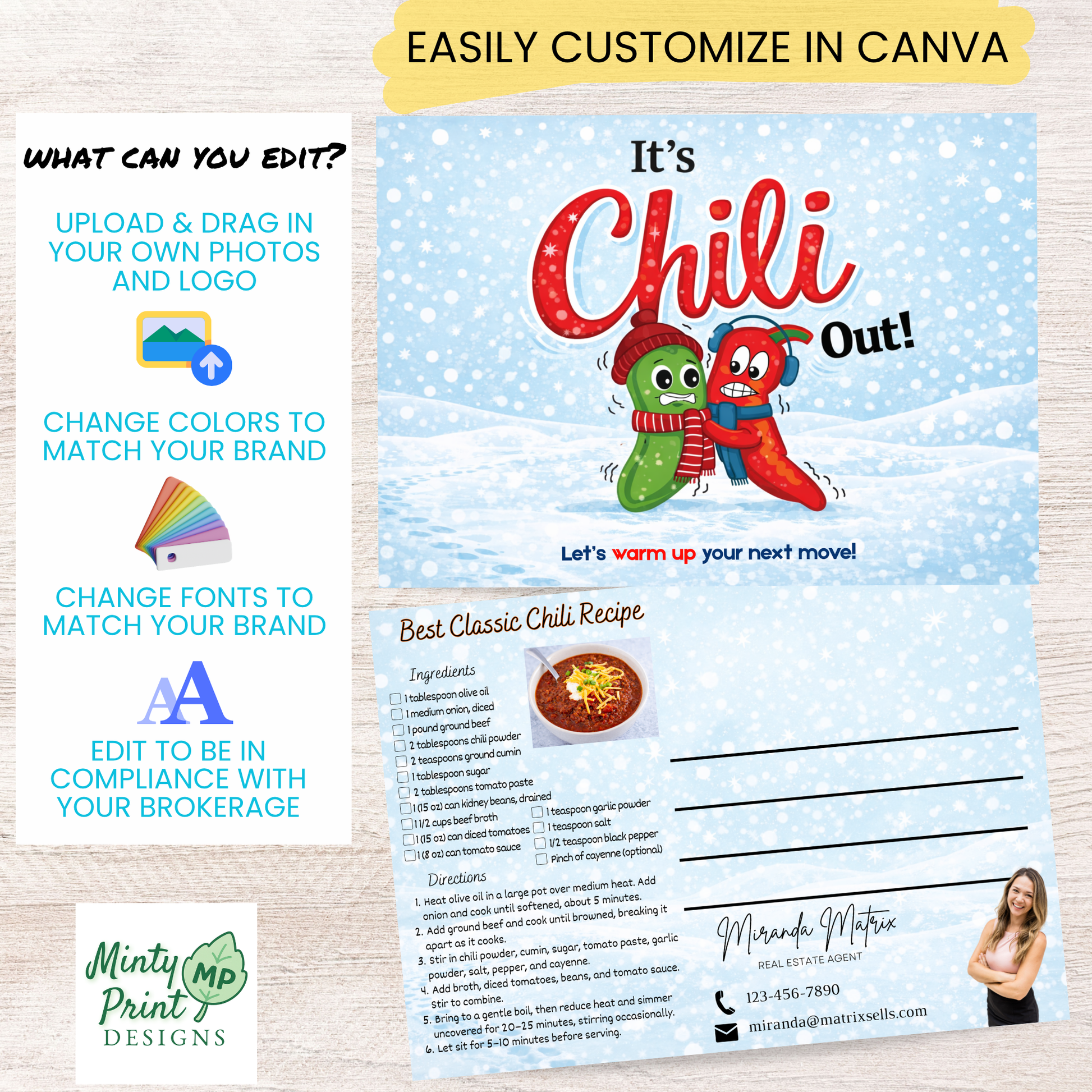 Classic chili recipe postcard for real estate marketing winter design