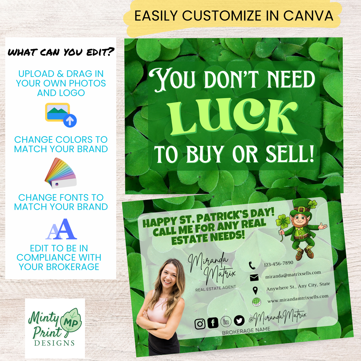Editable 4x6 and 5x7 St. Patrick’s Day realtor postcard template shown inside Canva for easy customization.
