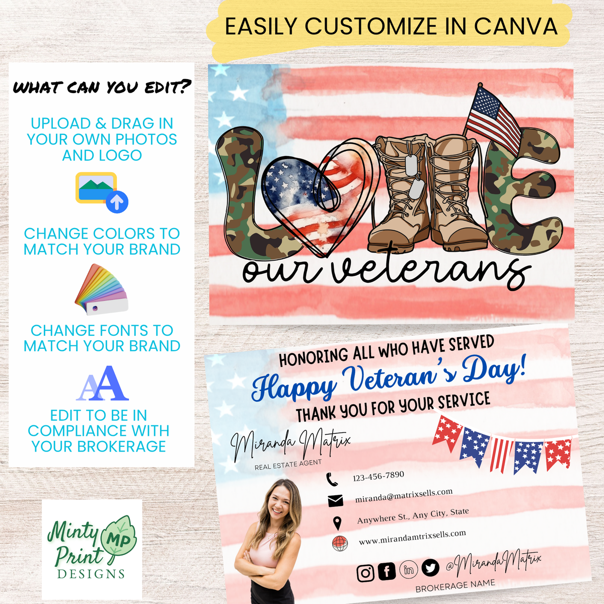 Veterans Day client mailer with realtor photo, contact information and Thank You for Your Service message
