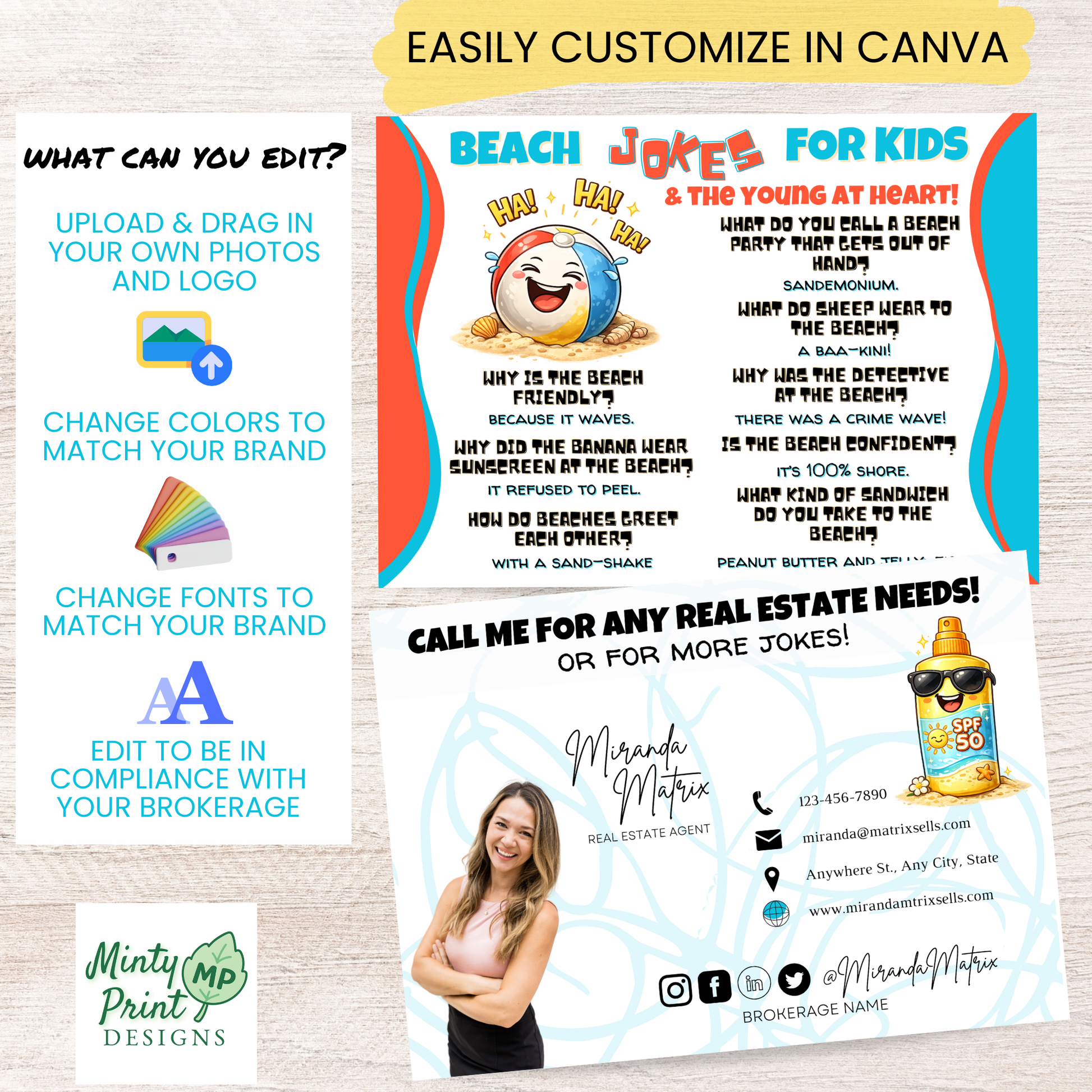 Realtor beach joke postcard Canva editable digital download