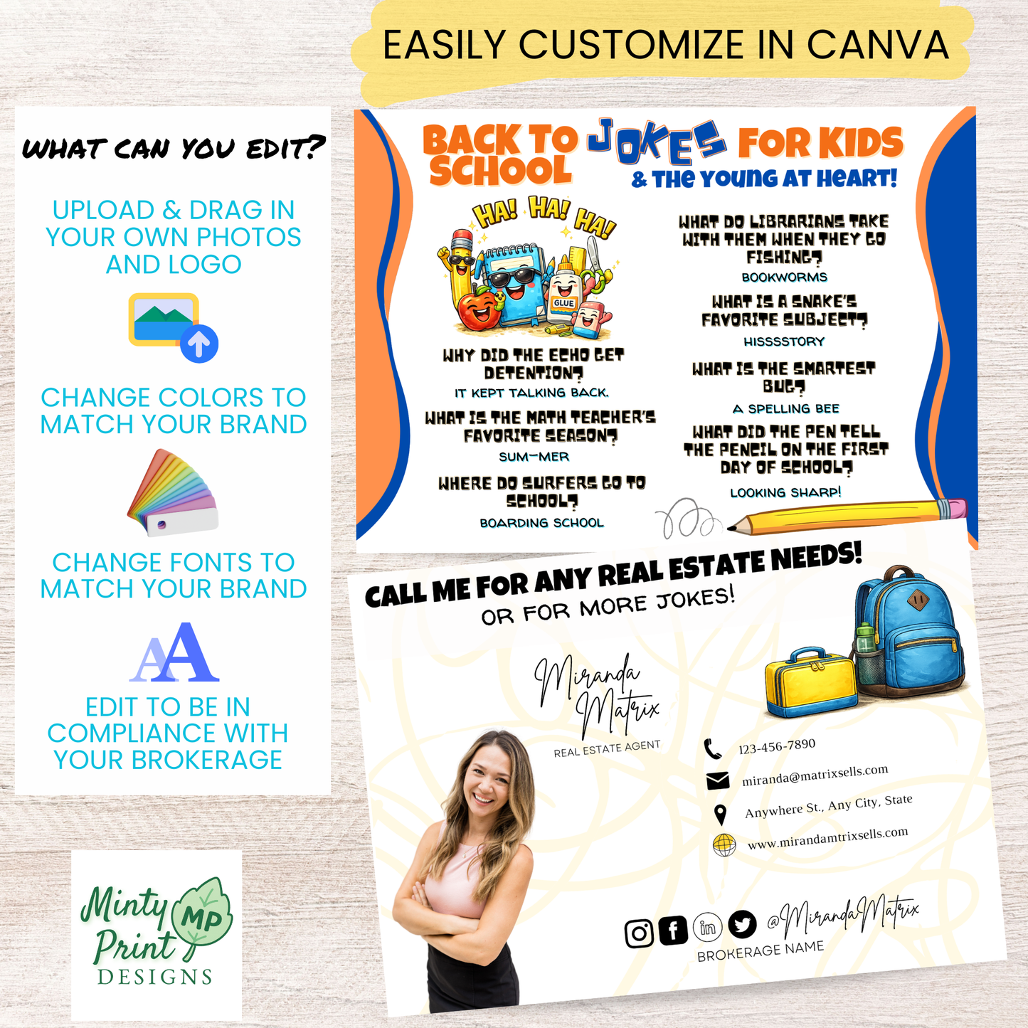 Realtor school joke postcard Canva editable digital download