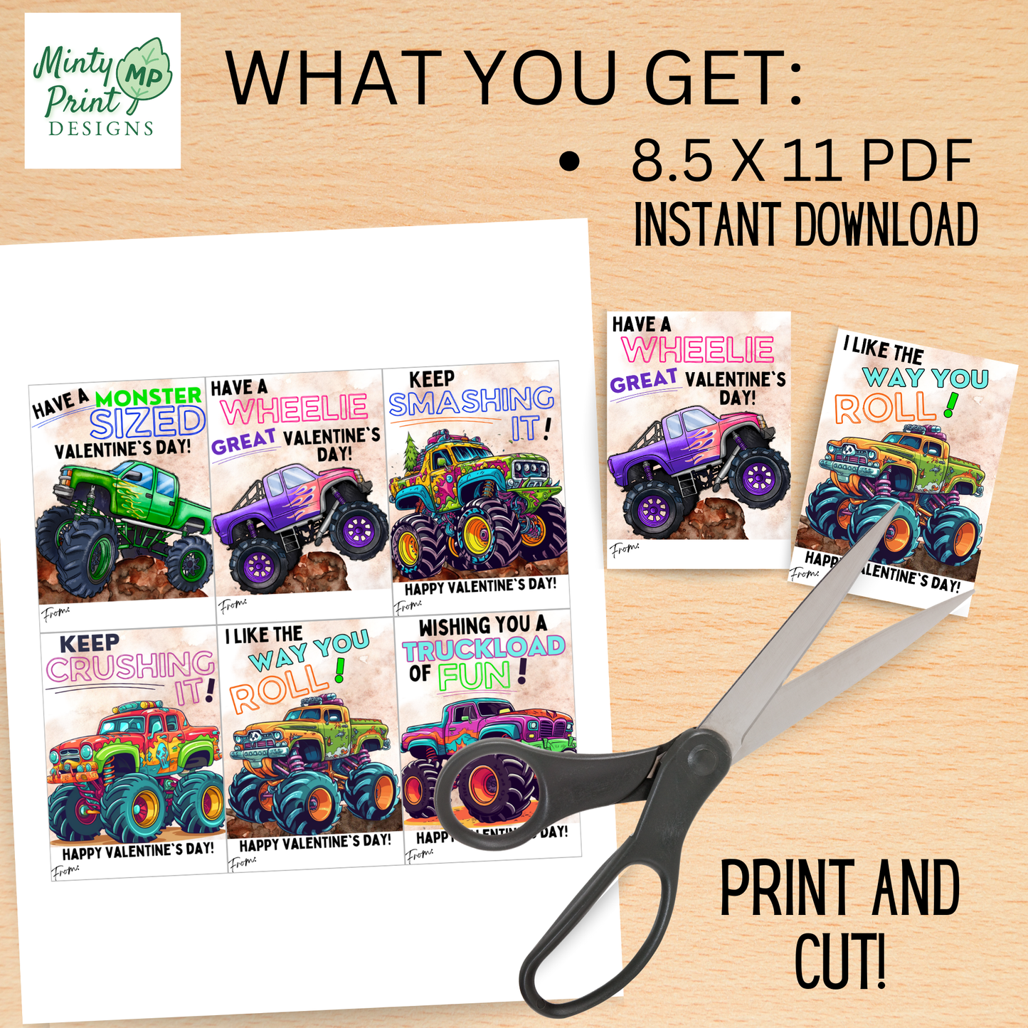 Printable monster truck Valentine cards for kids classroom exchange, digital download