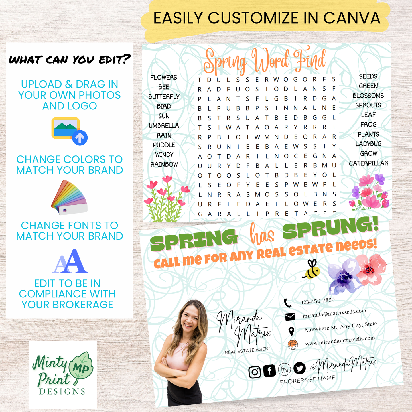 Canva editable spring word search postcard template with customizable text, colors, fonts, and logo