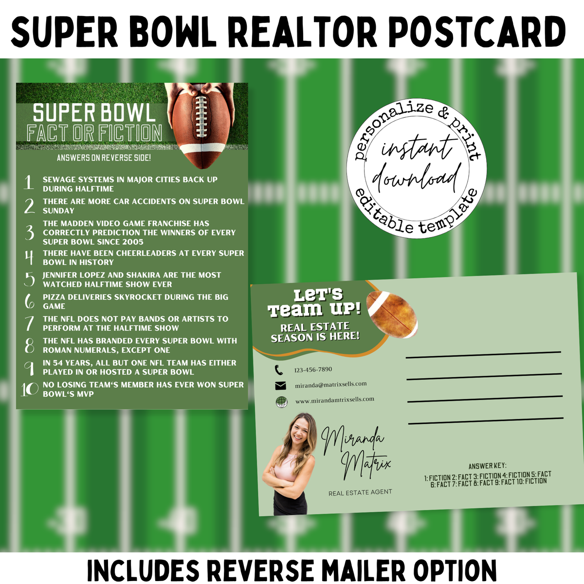 Super Bowl Fact or Fiction 5x7 realtor postcard featuring ten football trivia questions on a green football field design
