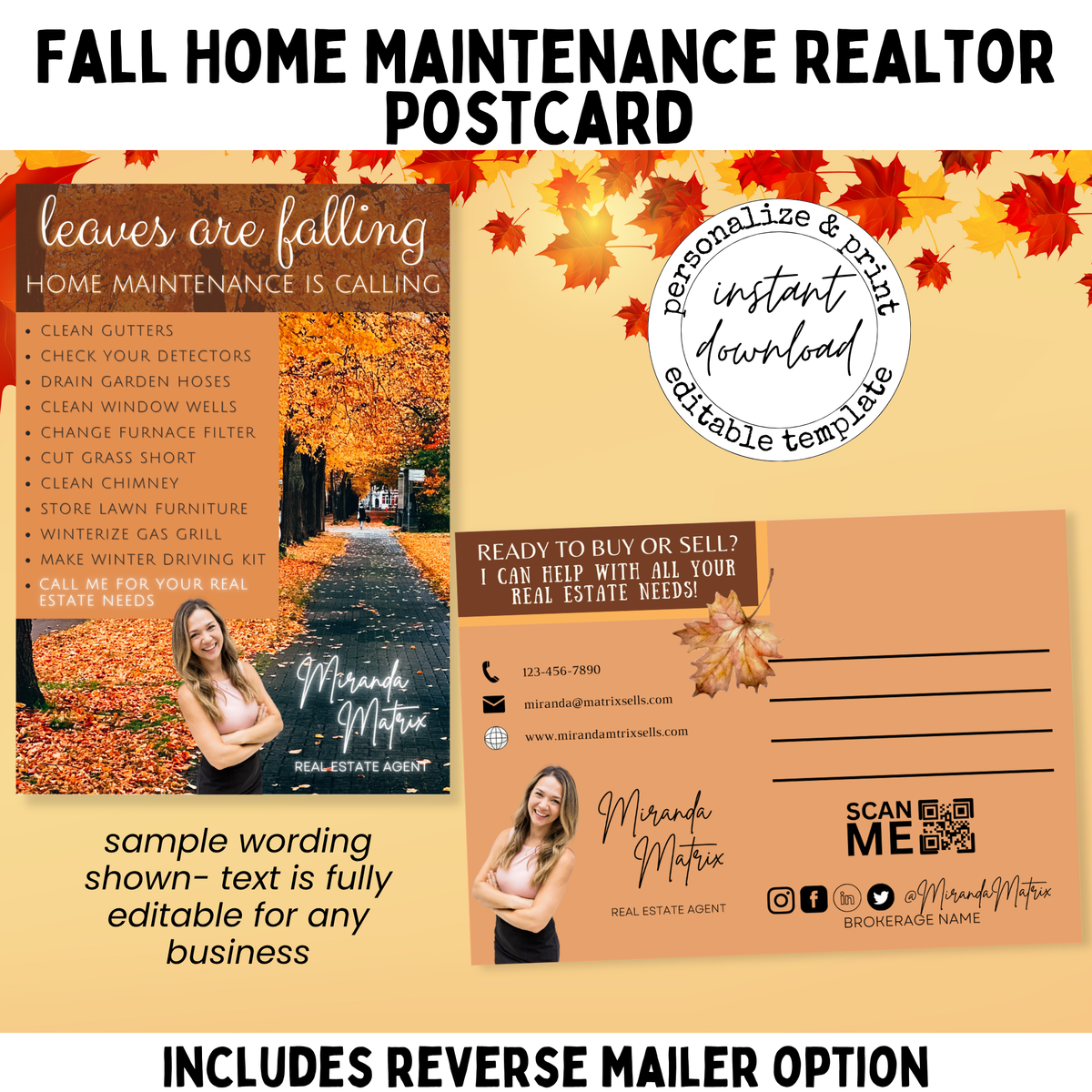 Fall realtor postcard with autumn leaves and home maintenance checklist for homeowners