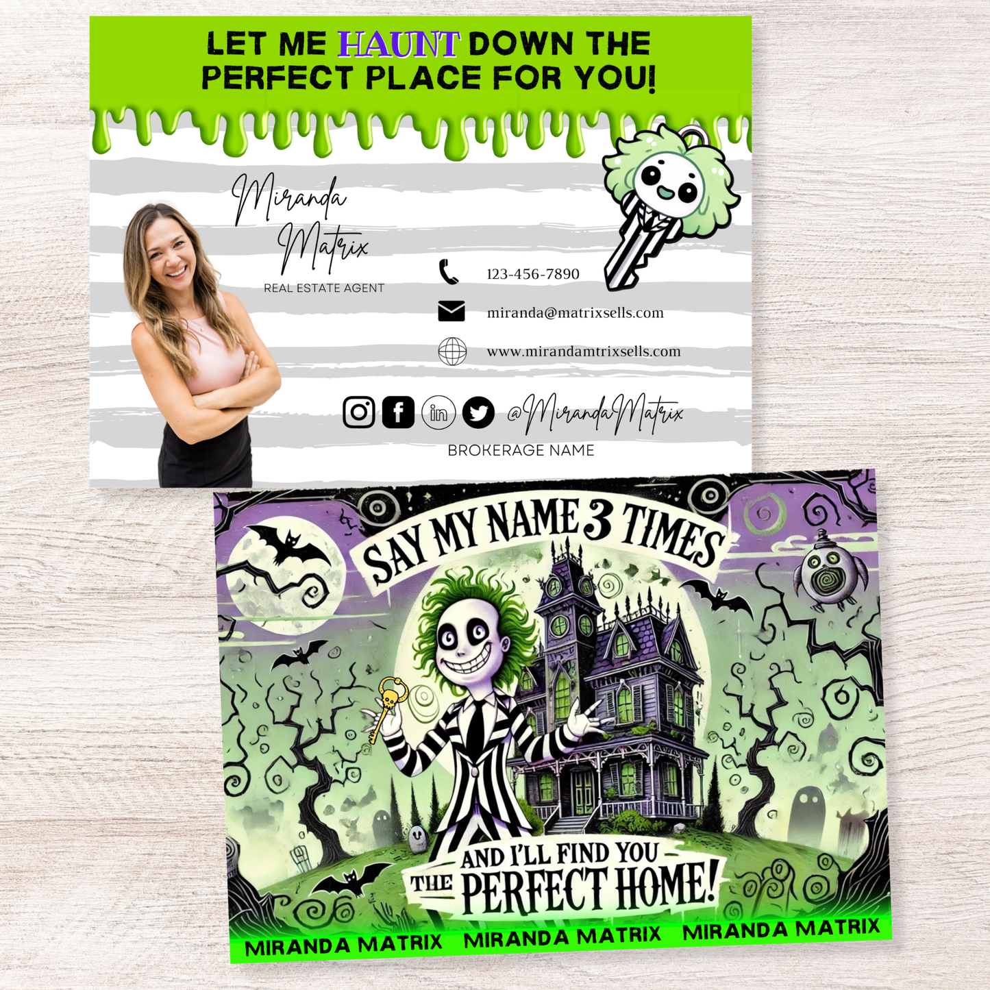 Halloween Canva template for real estate agents featuring a haunted house theme, customizable Realtor branding, and festive seasonal postcard design.