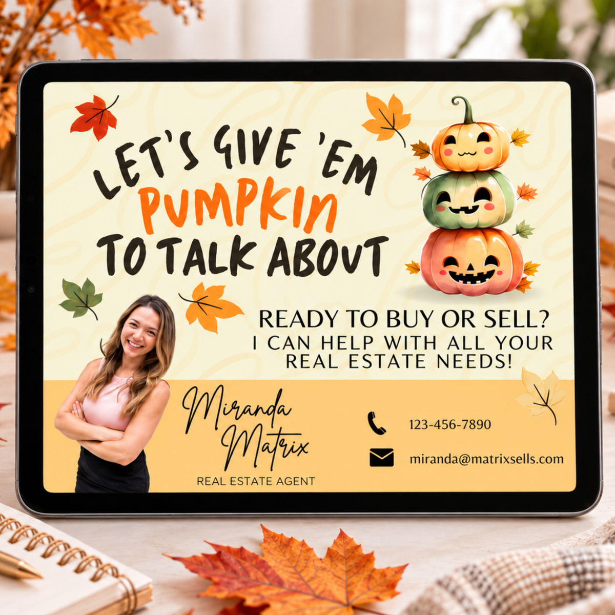 Editable pumpkin real estate marketing graphic shown on a tablet with cozy fall leaves and coffee
