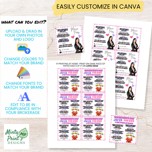 Editable Valentine’s Day pop-by tag template in Canva with customizable headshot, business details, colors, and fonts for seasonal client gifts.