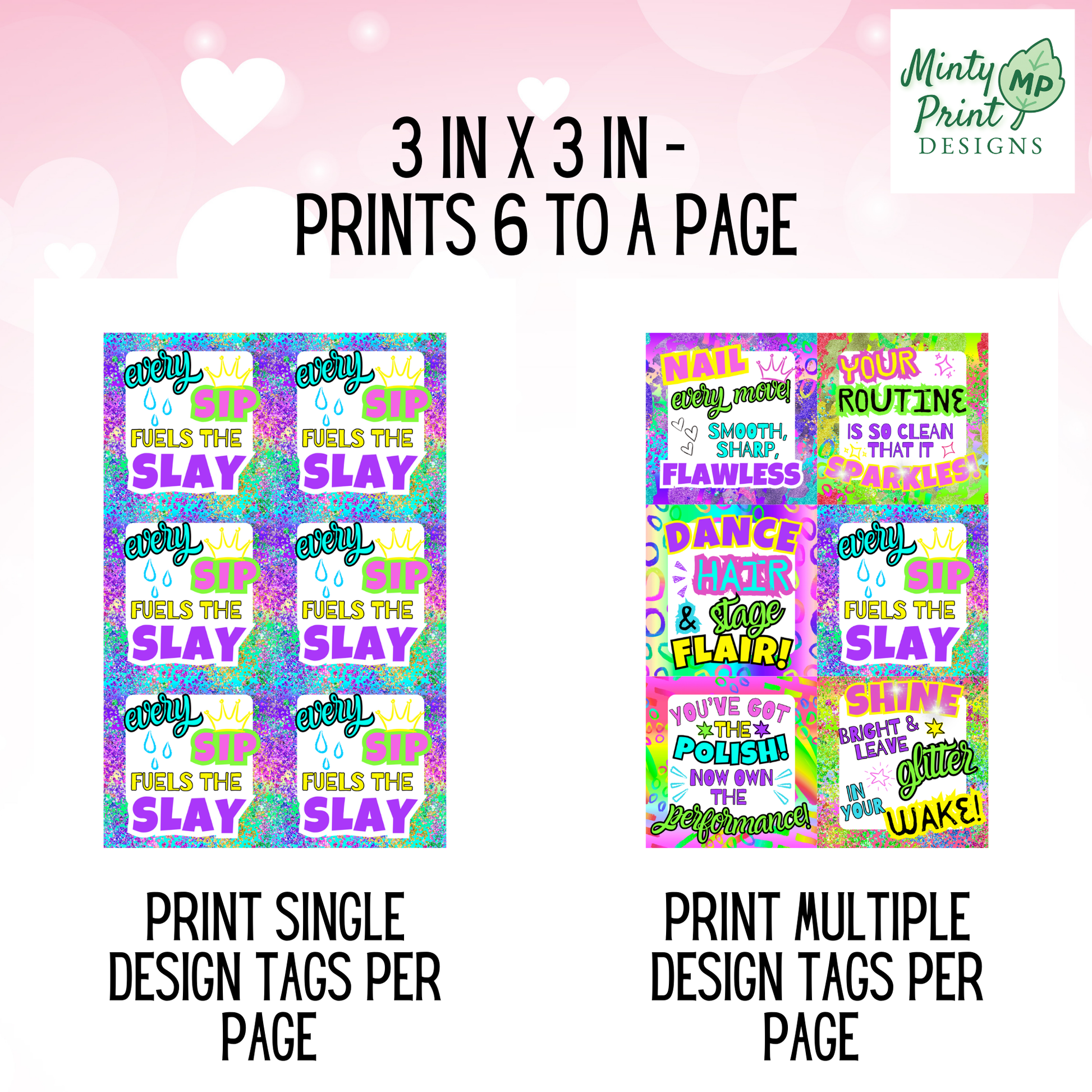 Neon square dance gift tag designs displayed as a digital printable PDF sheet