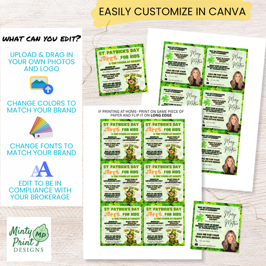 Editable St. Patrick’s Day pop-by tag template in Canva with customizable headshot, business details, colors, and fonts for March client gifts