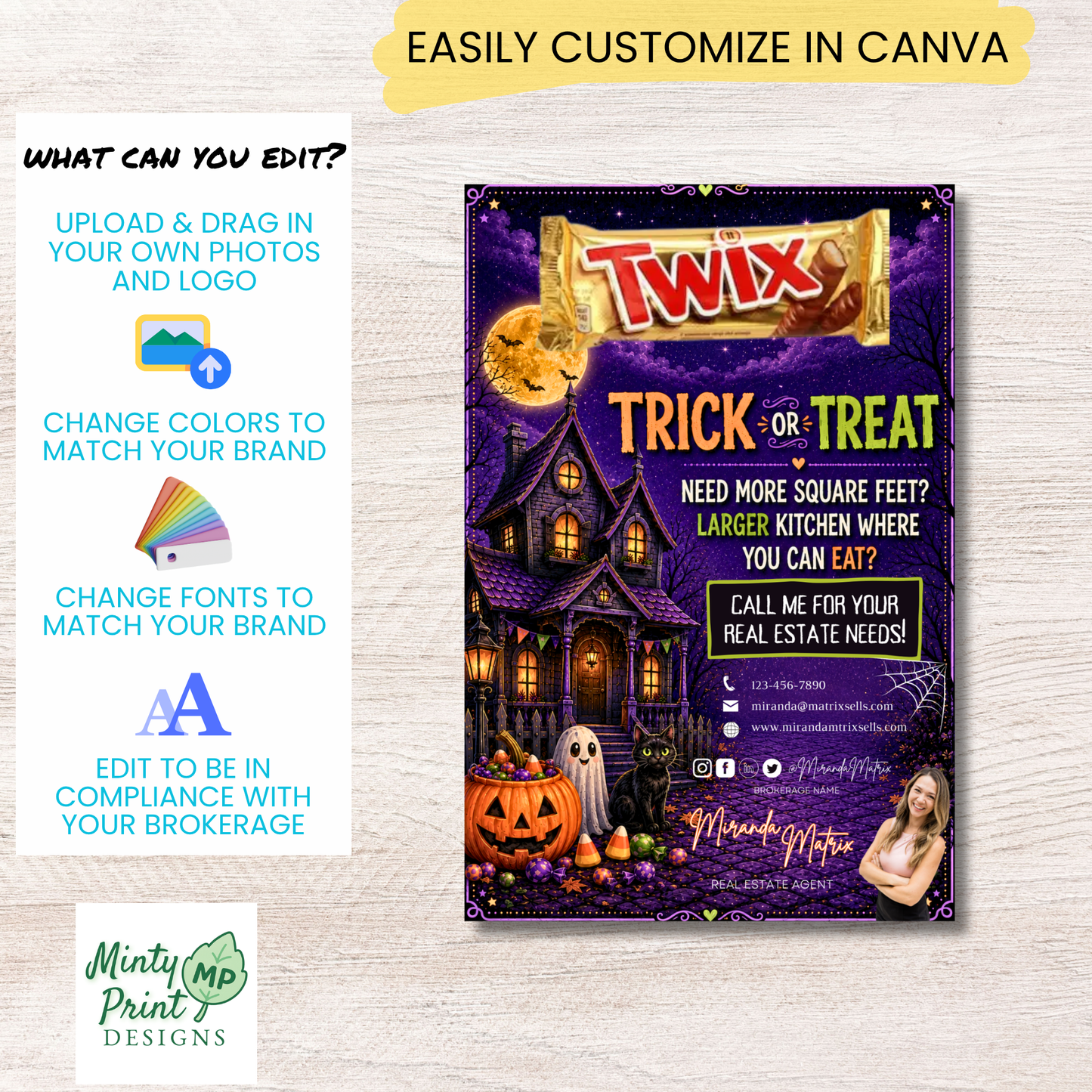 Printable Halloween real estate marketing postcard with spooky haunted house artwork, Trick or Treat theme, and space to attach a candy bar for client appreciation gifts and neighborhood pop-bys.