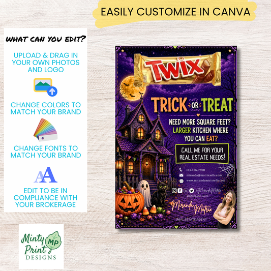 Printable Halloween real estate marketing postcard with spooky haunted house artwork, Trick or Treat theme, and space to attach a candy bar for client appreciation gifts and neighborhood pop-bys.