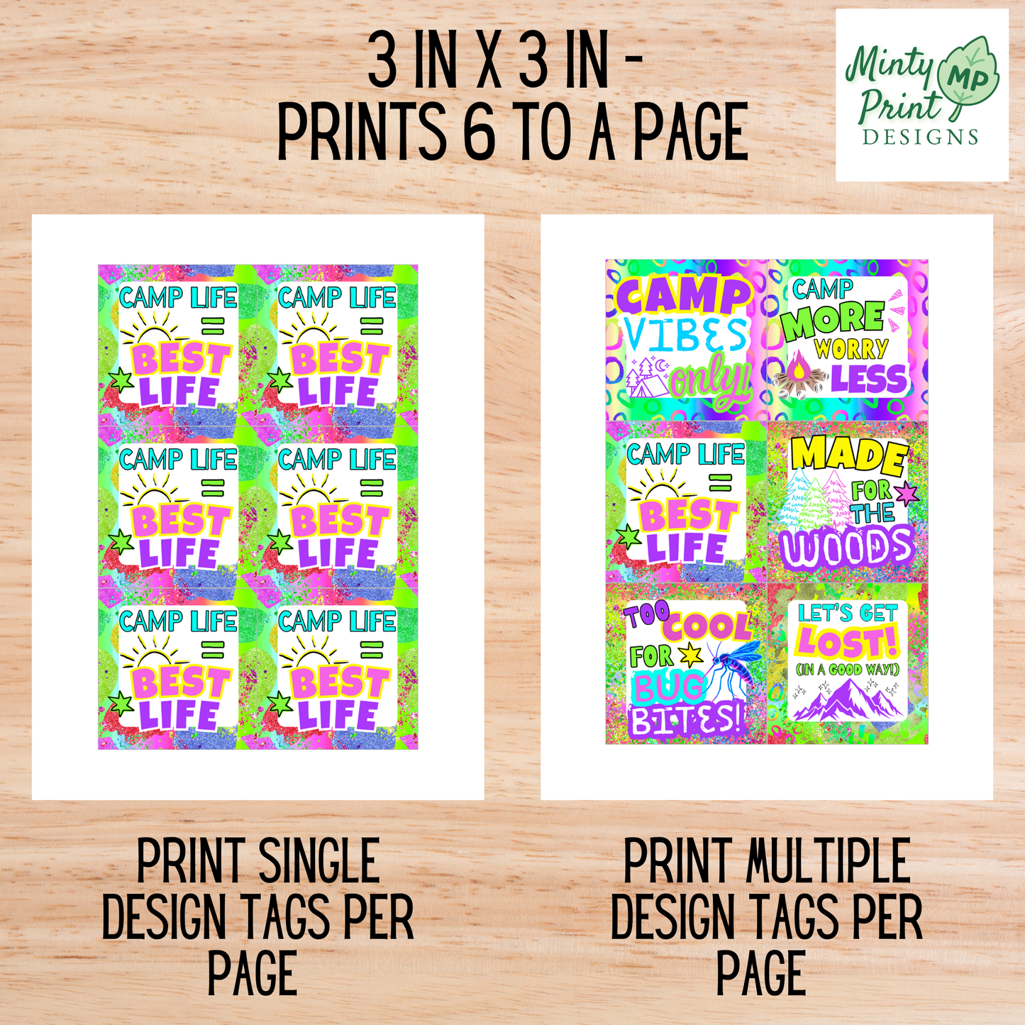 Printable camp gift tag that says “Camp Hair Don’t Care” with bright neon colors, playful fonts, and a yellow scrunchie illustration.