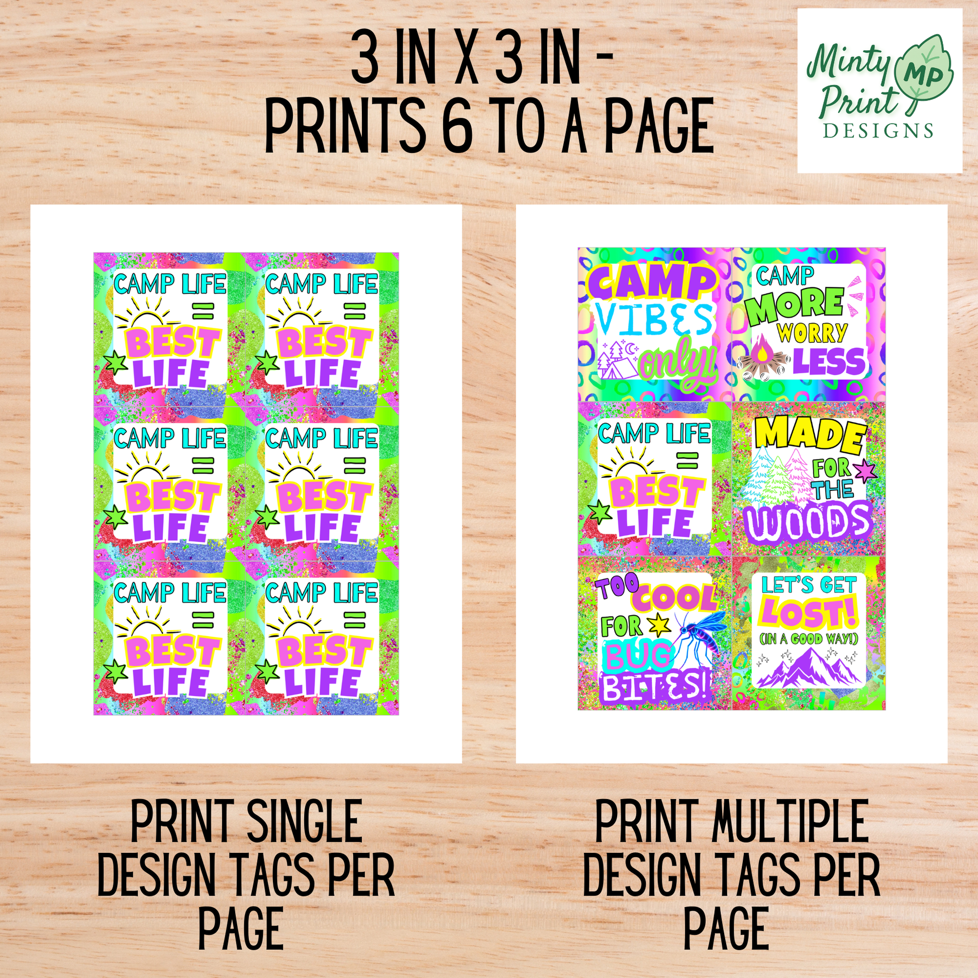 Printable camp gift tag that says “Camp Hair Don’t Care” with bright neon colors, playful fonts, and a yellow scrunchie illustration.