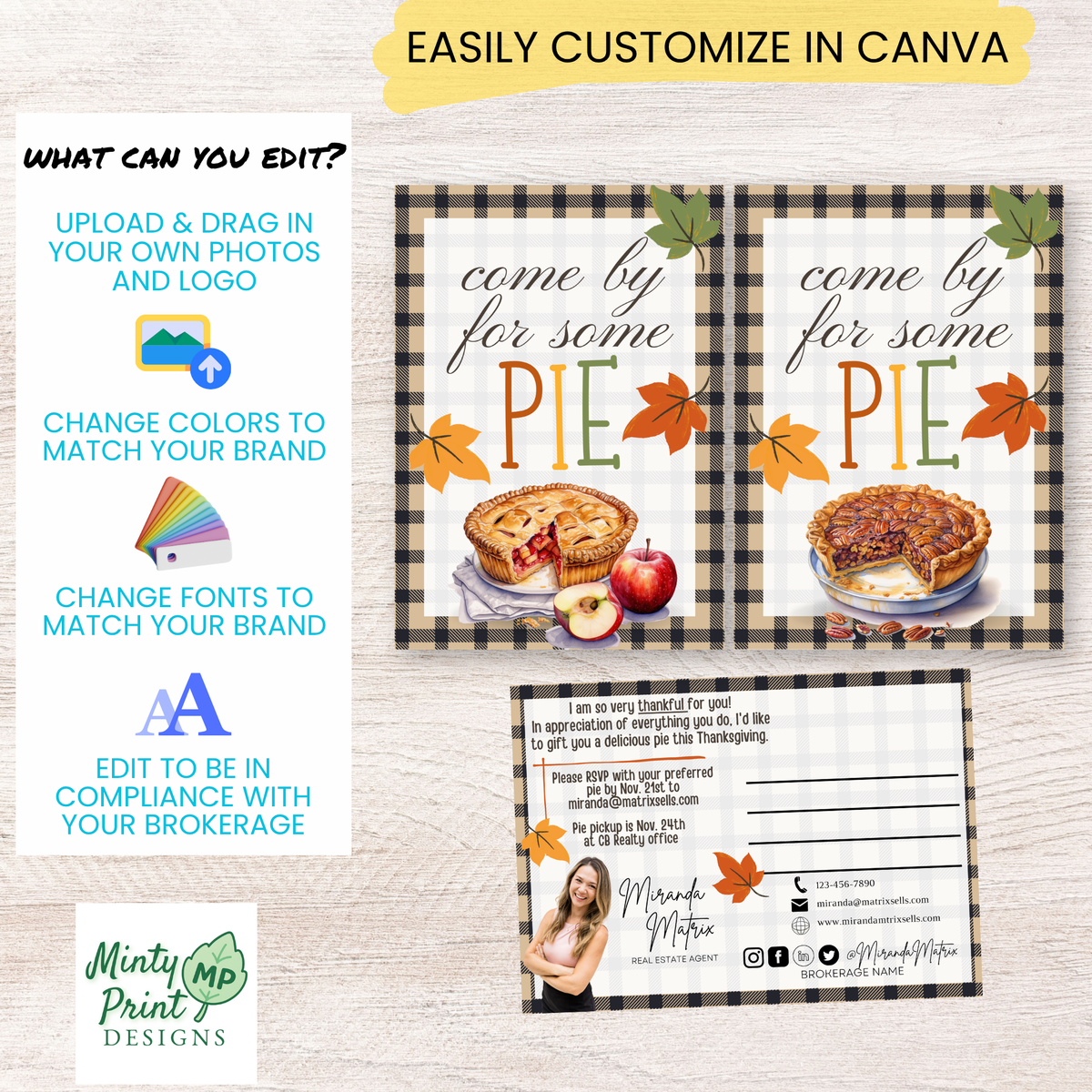 Editable Thanksgiving realtor postcard with pie giveaway RSVP details, agent photo and contact information