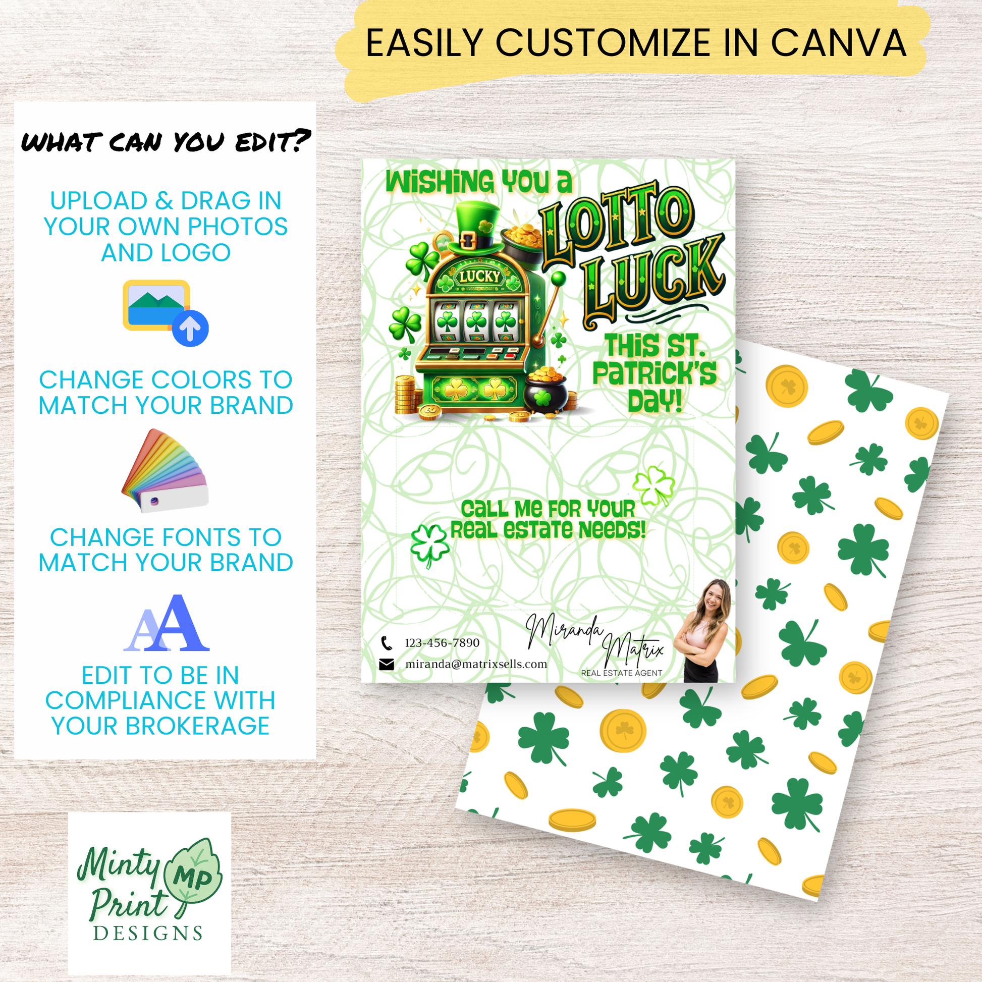 Editable 5x7 St. Patrick’s Day realtor postcard template displayed in Canva with customizable contact information.