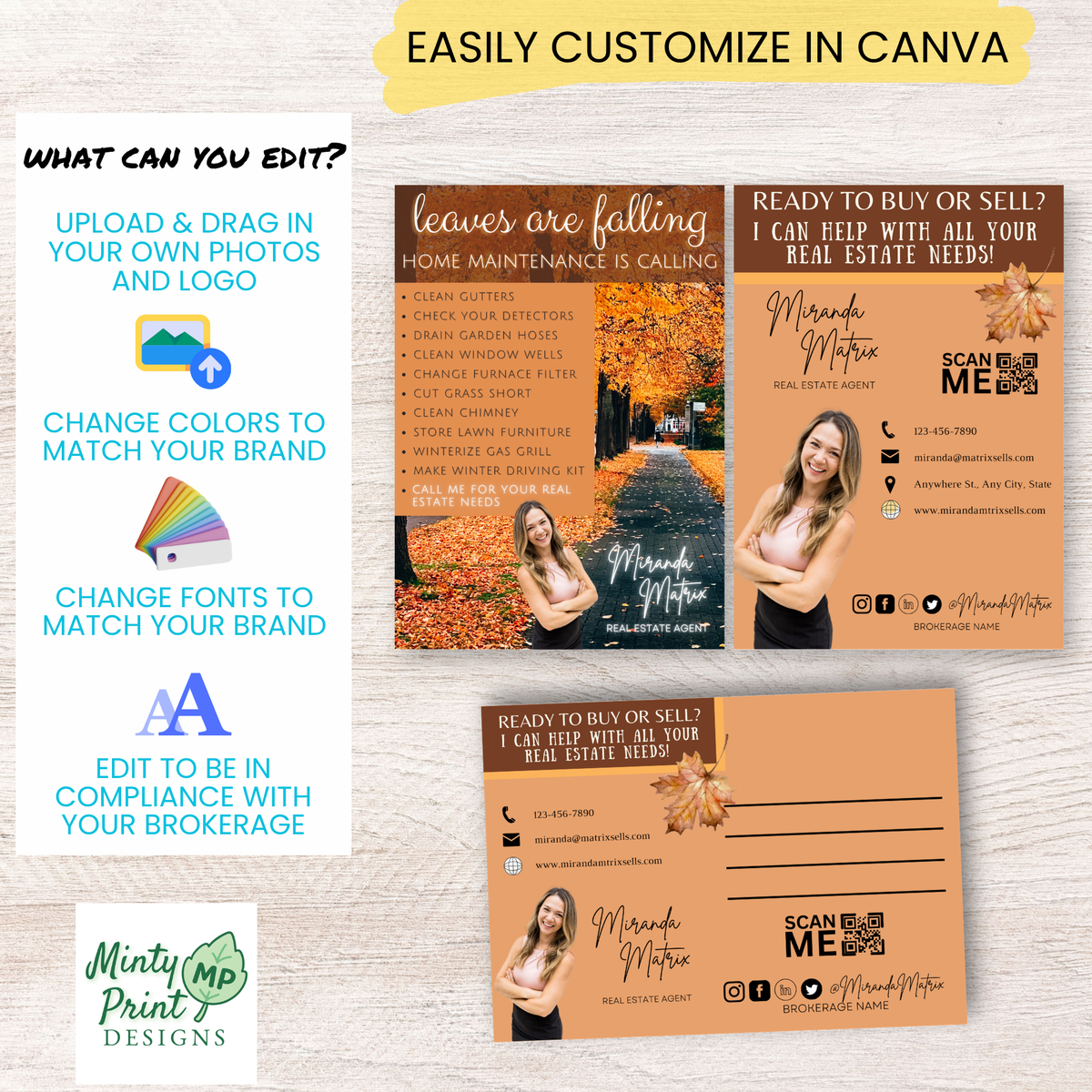 Editable fall realtor mailer with homeowner checklist and ready to buy or sell message