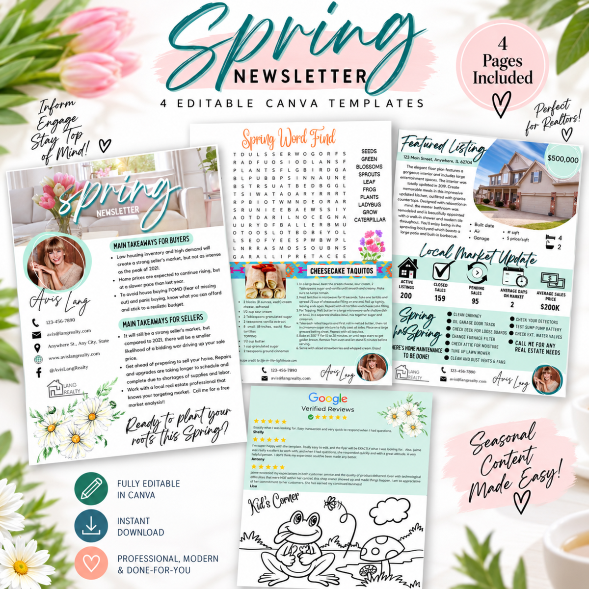 Spring Realtor newsletter template for Canva with four editable pages featuring market updates, homeowner tips, recipes, activities and seasonal content.