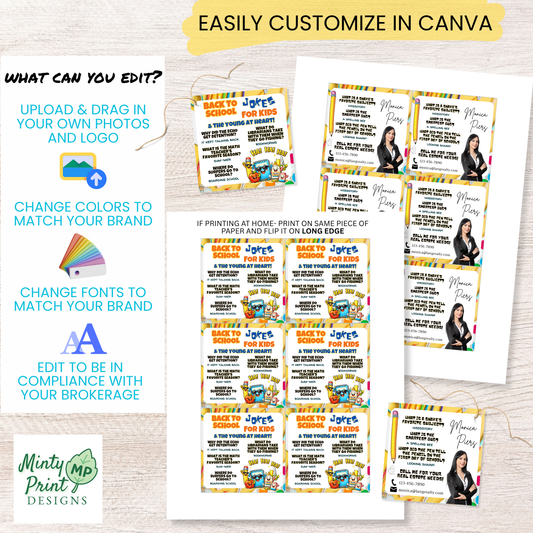 Editable back to school pop-by tag template in Canva with customizable headshot and business details for August marketing.
