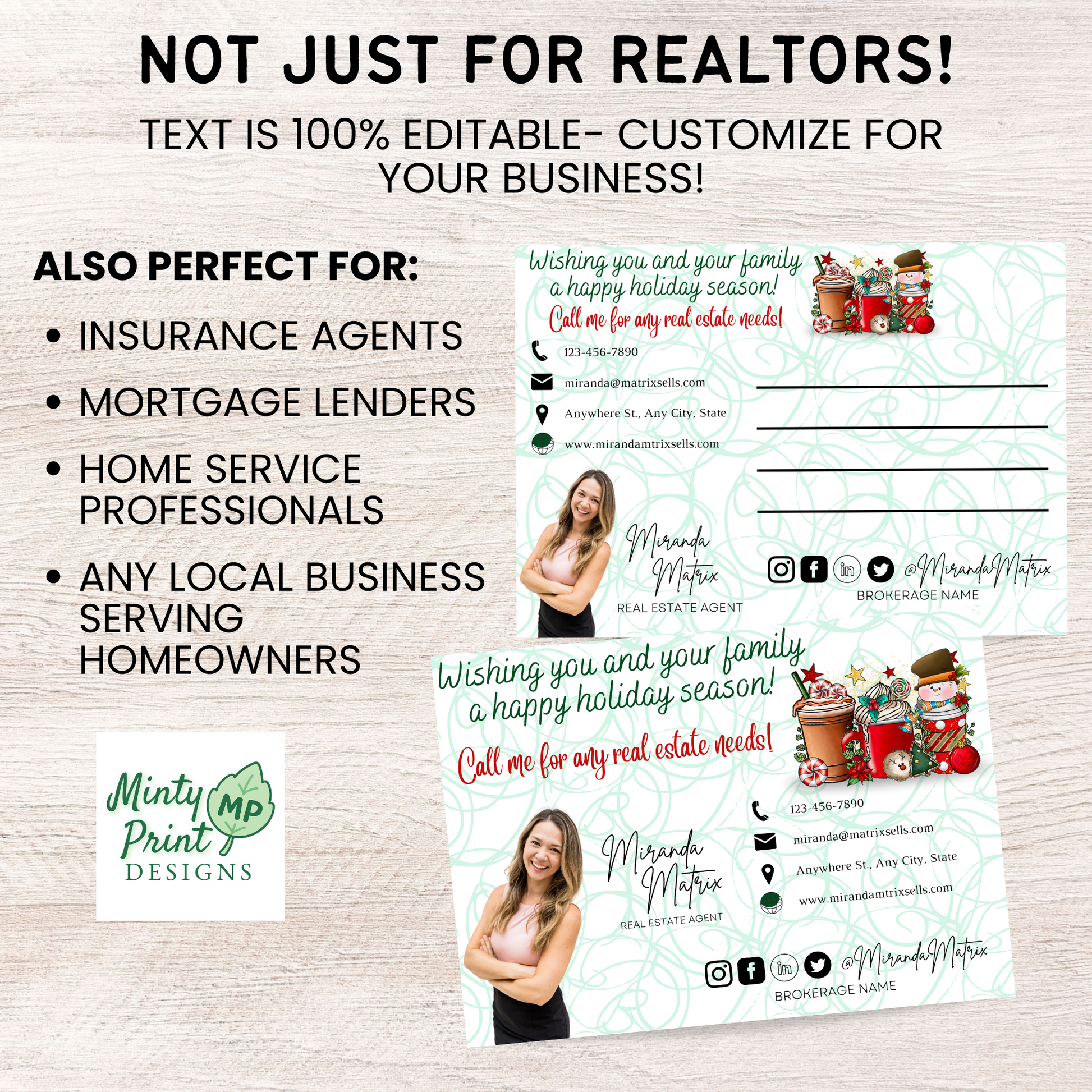 Editable Christmas holiday postcard template not just for realtors