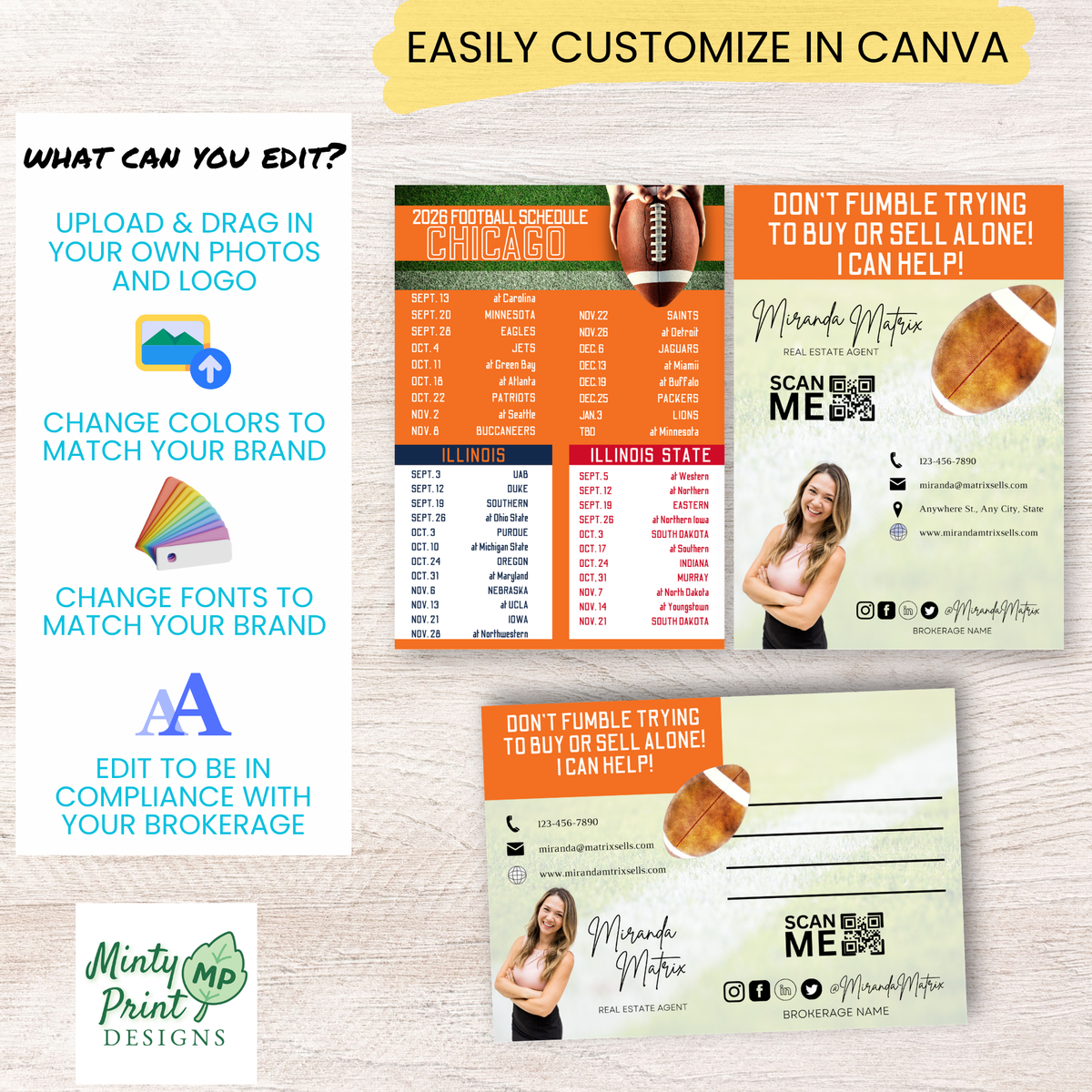 Custom football real estate marketing card with agent photo, contact information and QR code