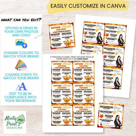 Editable fall pop-by tag template in Canva with customizable headshot and business details for September and October marketing.